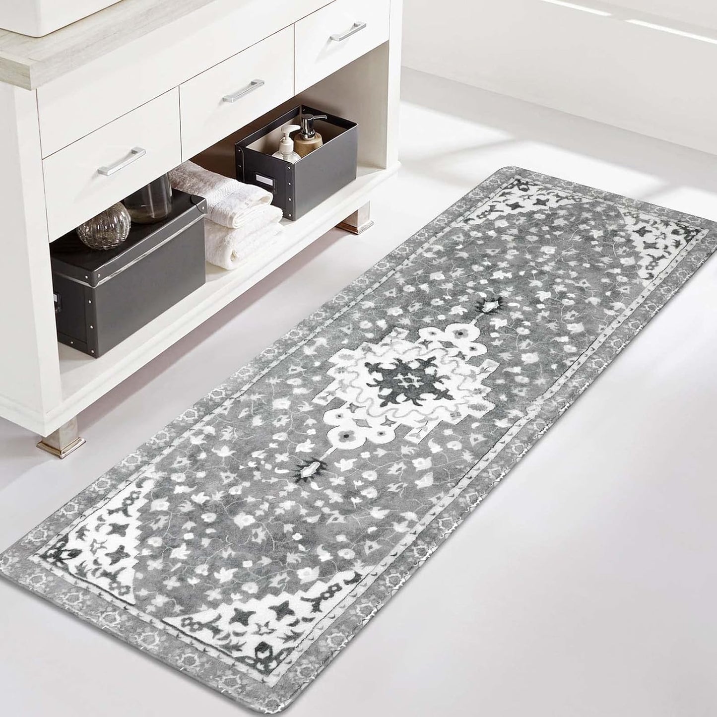 Uphome Boho Vintage Bathroom Rug Runner Gray Non-Slip Soft Long Bath Mat Machine Washable Oriental Bathroom Mats Traditional Tribal Floral Bath Rugs for Sink Shower Tub, 20x59 inch