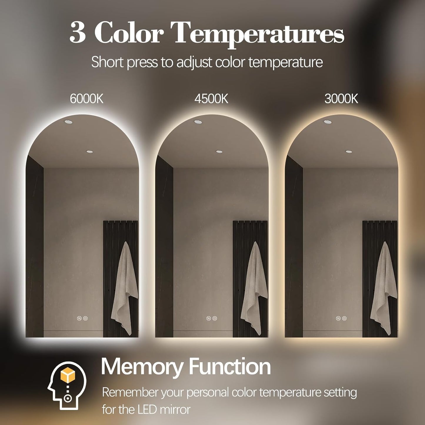 Arched LED Bathroom Mirror, 55"x28" Arch Framless Backlit Mirror with Lights Anti-Fog Dimmable Smart Frameless 3-Color Lighted Vanity Mirror Memory Waterproof, UL Listed, Vertical