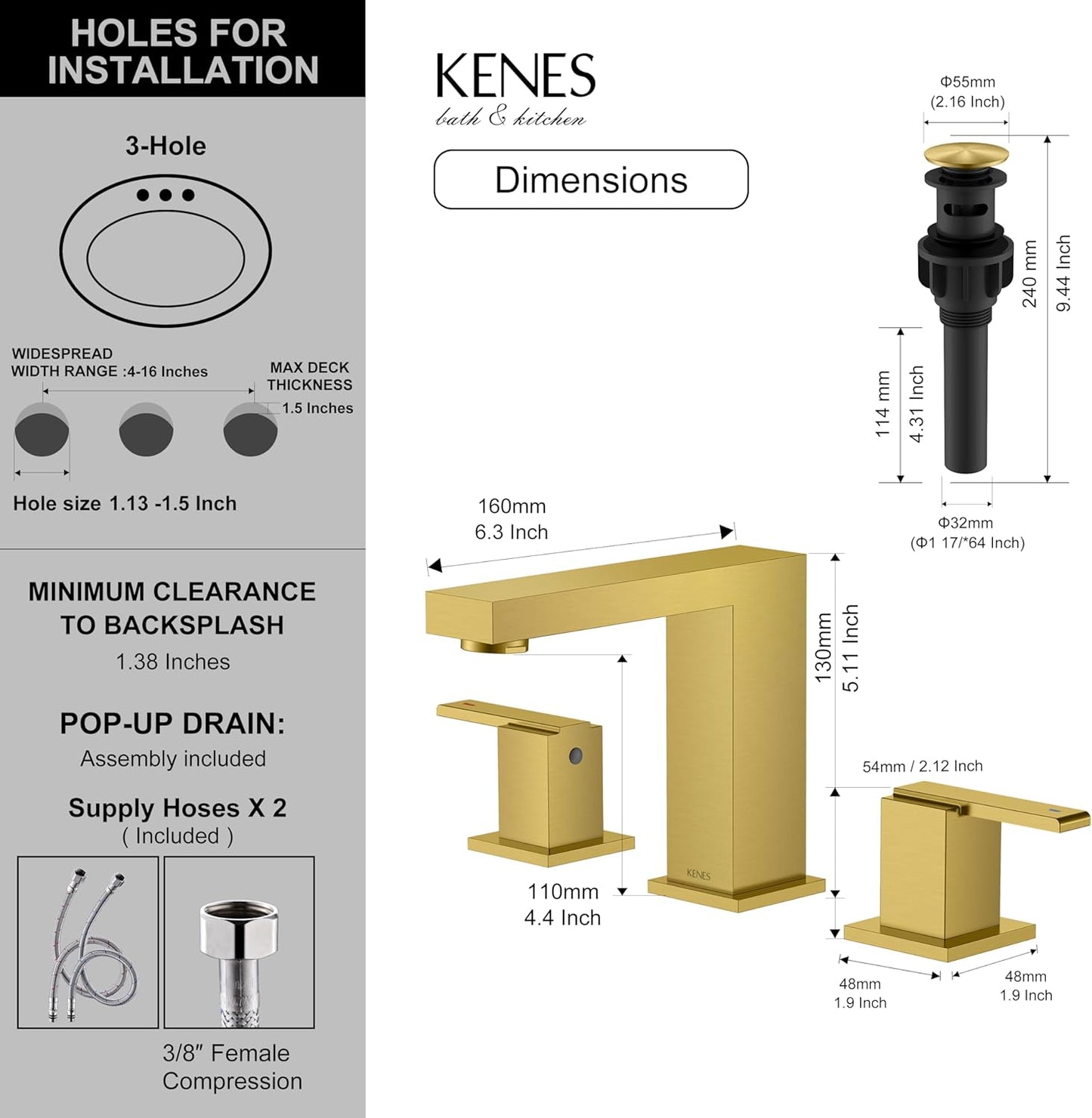 KENES Brushed Gold Widespread Bathroom Faucet 3 Hole Bathroom Sink Faucet Gold Two Handle, 8-Inch 3 Pieces Bathroom Vanity Faucet with Pop Up Drain & Supply Lines, KE-9050-4-P
