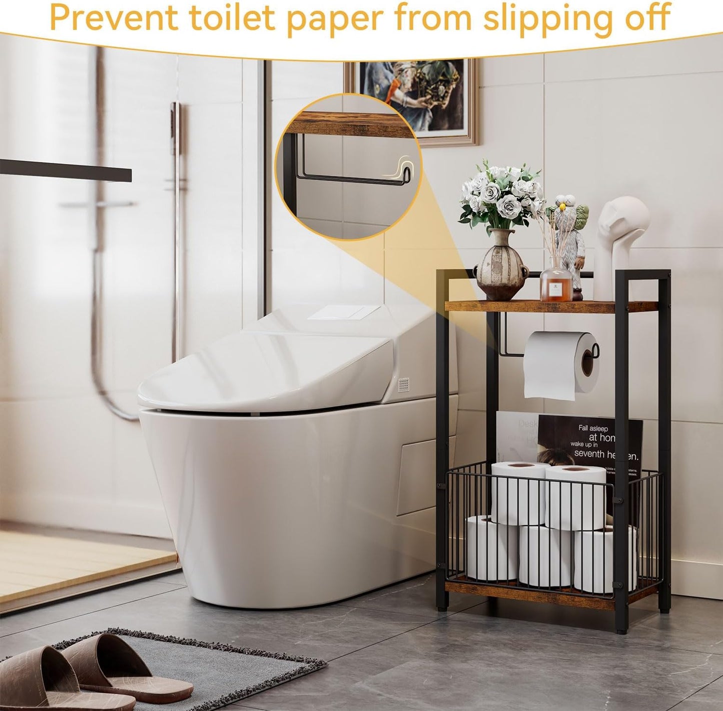 IBUYKE Freestanding Toilet Paper Holder Stand with Storage Shelf,Bathroom Toilet Tissue Roll Dispenser with Extra Space for Rolls, Magazines, Wet Wipes Brown TLJ020H