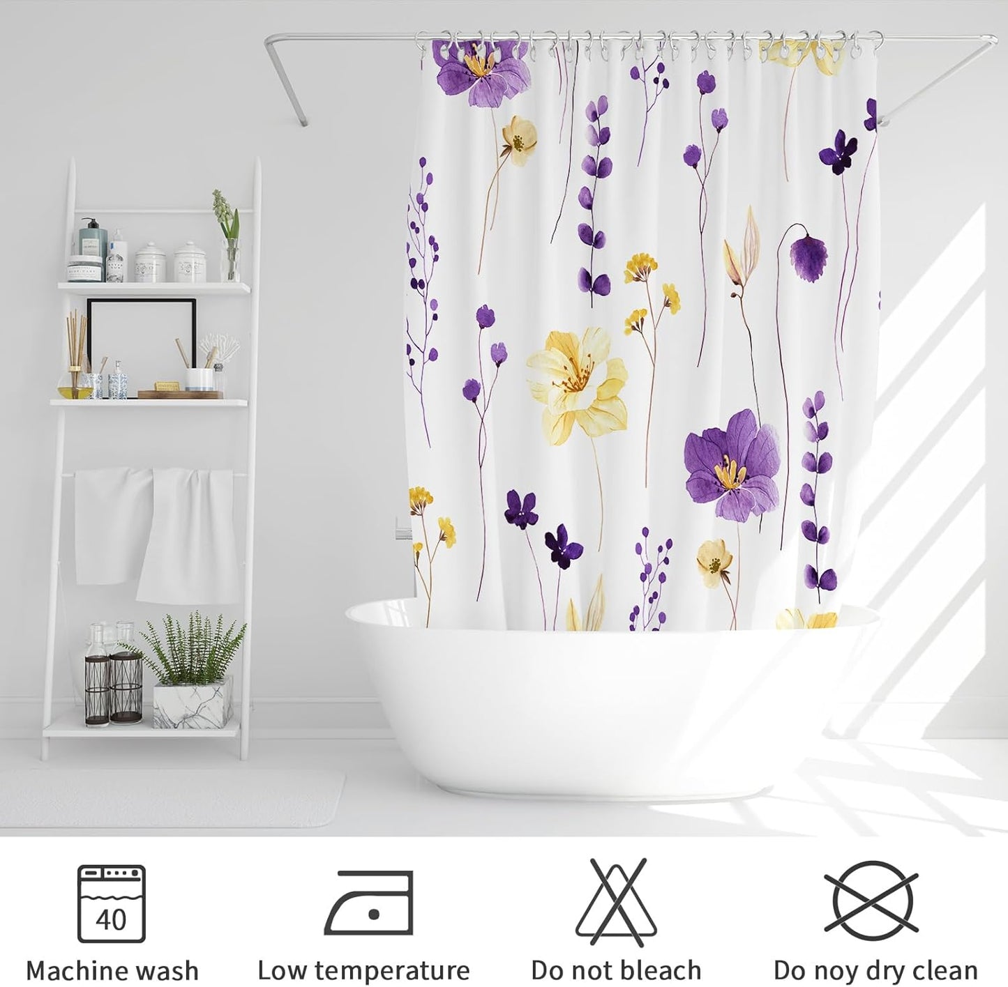 Gibelle Watercolor Floral Shower Curtain, Purple Yellow Flower Shower Curtain for Bathroom, Modern Minimalist Waterproof Fabric Shower Curtain Set with Hooks 72x72 Inch