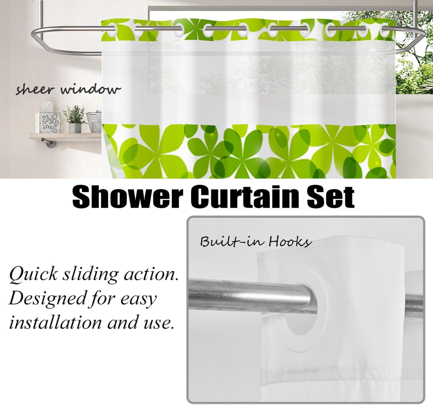 Green Flower Shower Curtain No Hooks with Snap-in Fabric Liner Set,Spring Leaves Shower Curtain for Bathroom,Hotel Decor Waterproof Shower Curtains,with See Through Top Window,71W x 74H