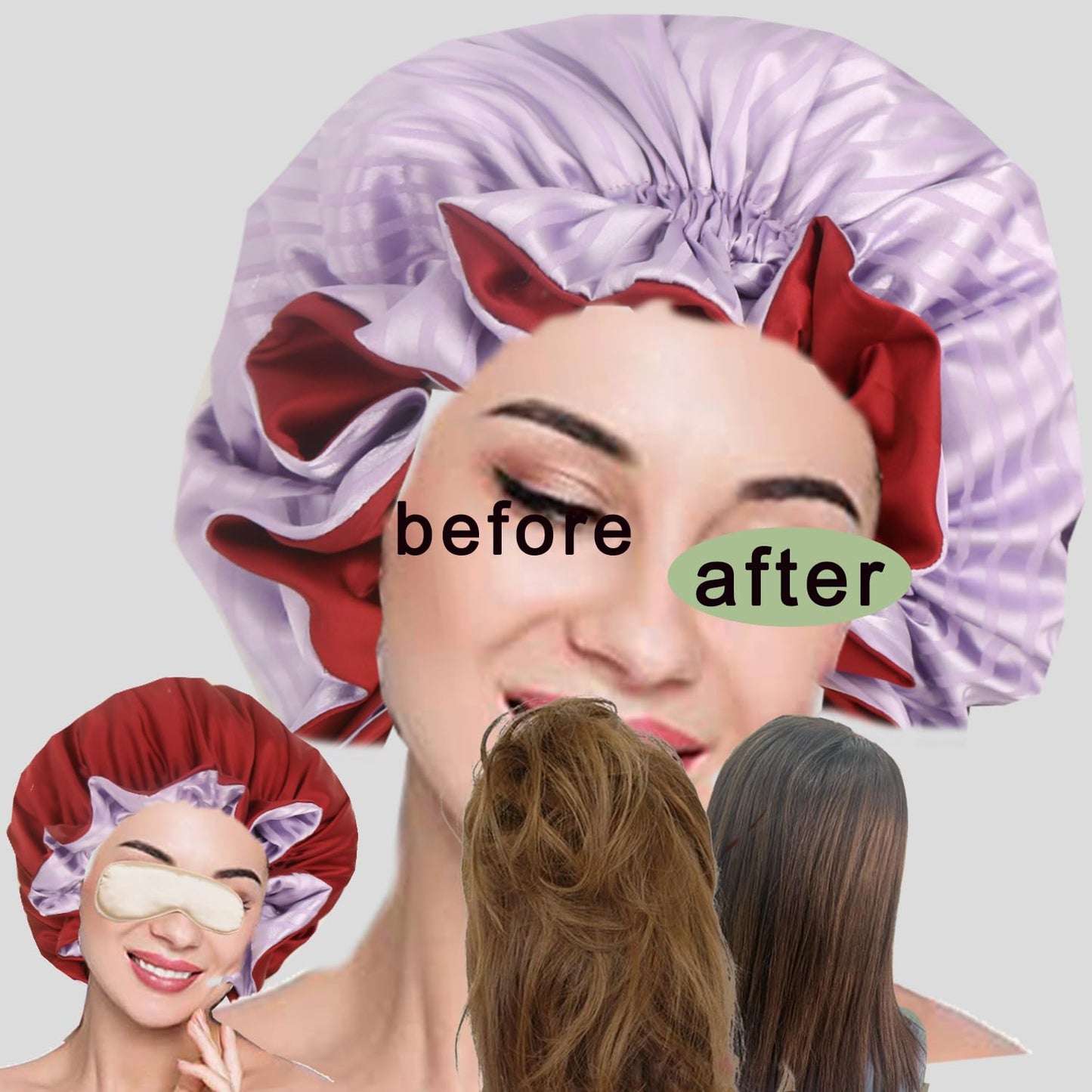 Satin bonnet 2PCS silk hair bonnet cap for women Adjustable sleep cap for curly natural hair double-layer Washable
