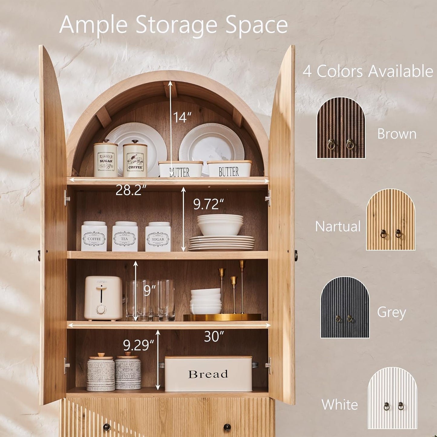 71" Tall Arched Bathroom Storage Cabinet, Modern Fluted Cabinet Storage with 4 Shlves and 2 Drawers, Floor Cabinet for Bathroom, Living Room, Kitchen, Natural