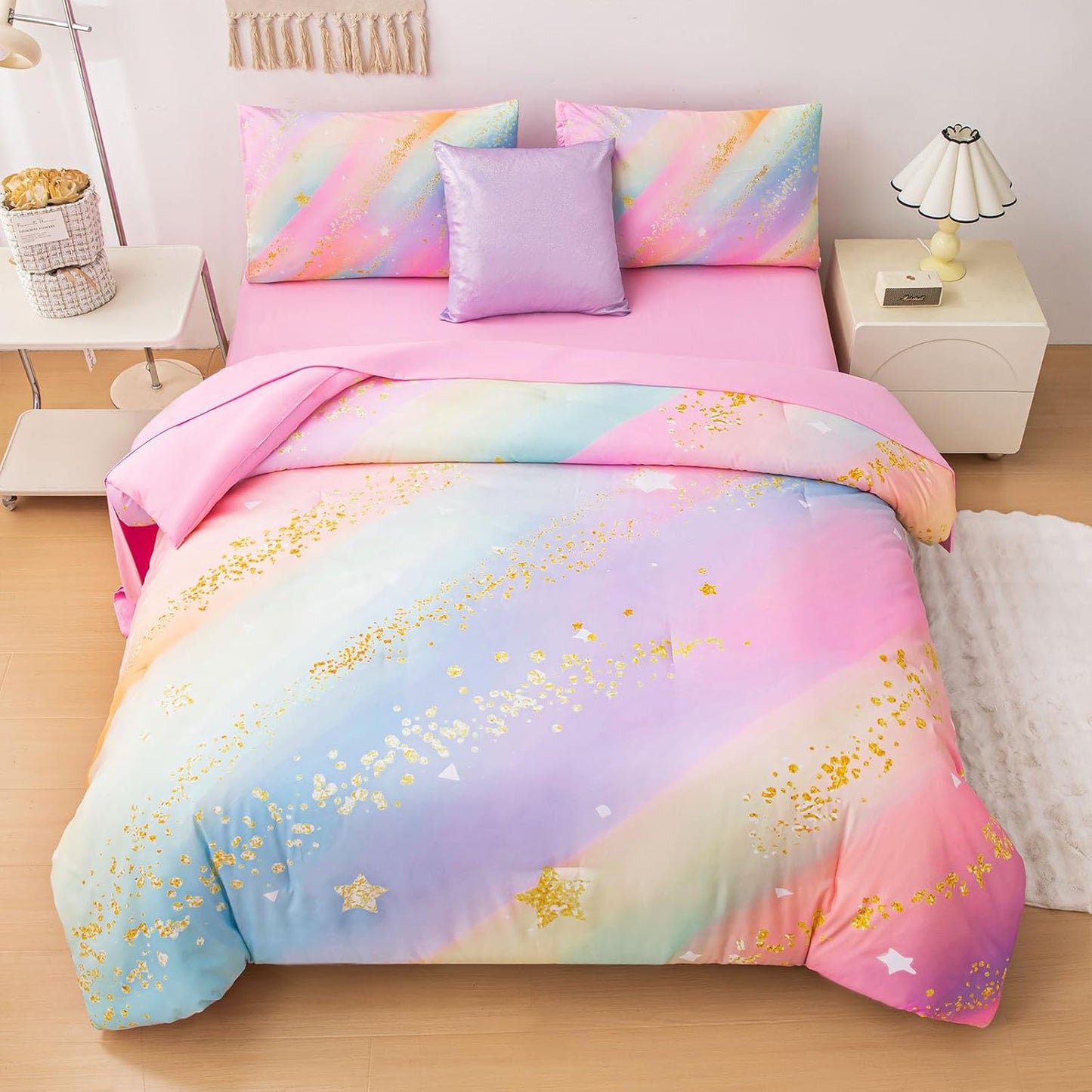 Rainbow Bedding Set Twin Size โ 6-Piece Reversible Girls Comforter with Deep-Pocket Sheet, Gradient Galaxy Design, Whole-Piece Filling, Machine Washable Bed-in-a-Bag for Kids Room Makeover & Gifts