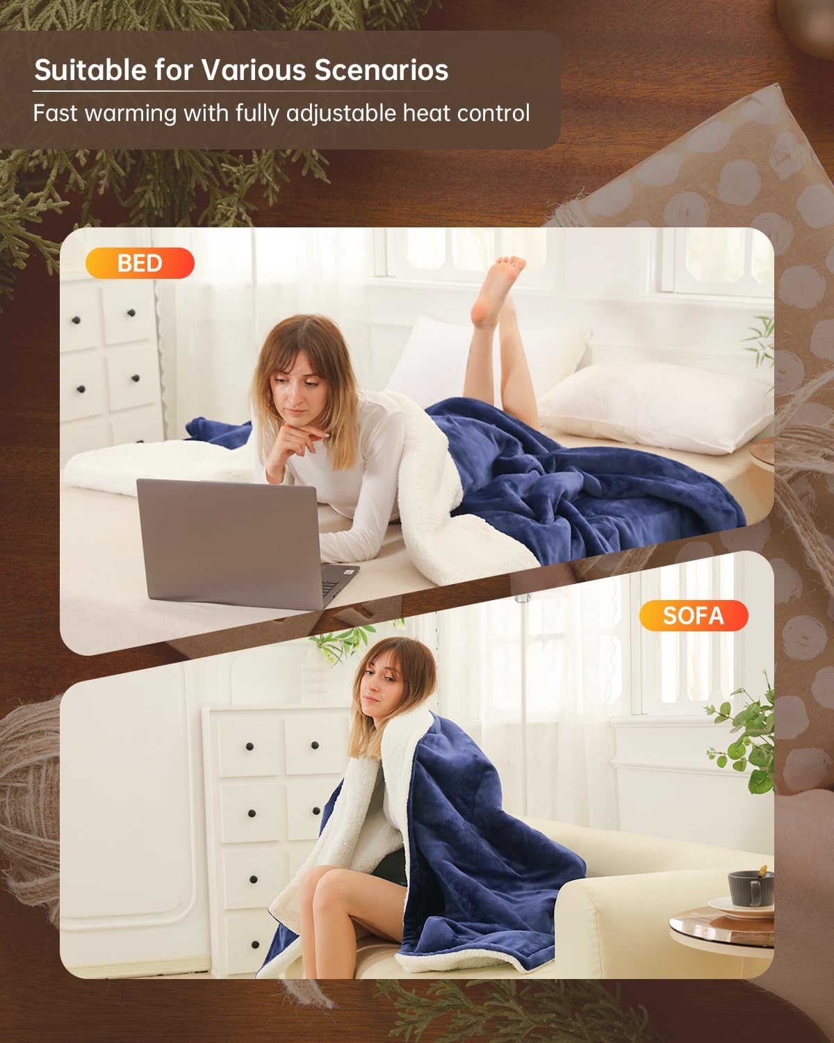Electric Heated Blanket Full Size, Washable Blanket Warmer for Home for Adults, Fast Heating Super Cozy Soft Flannel 72" x 84", 9 Heat Levels, 1-9H Auto-Off, ETL Certified, Navy Blue