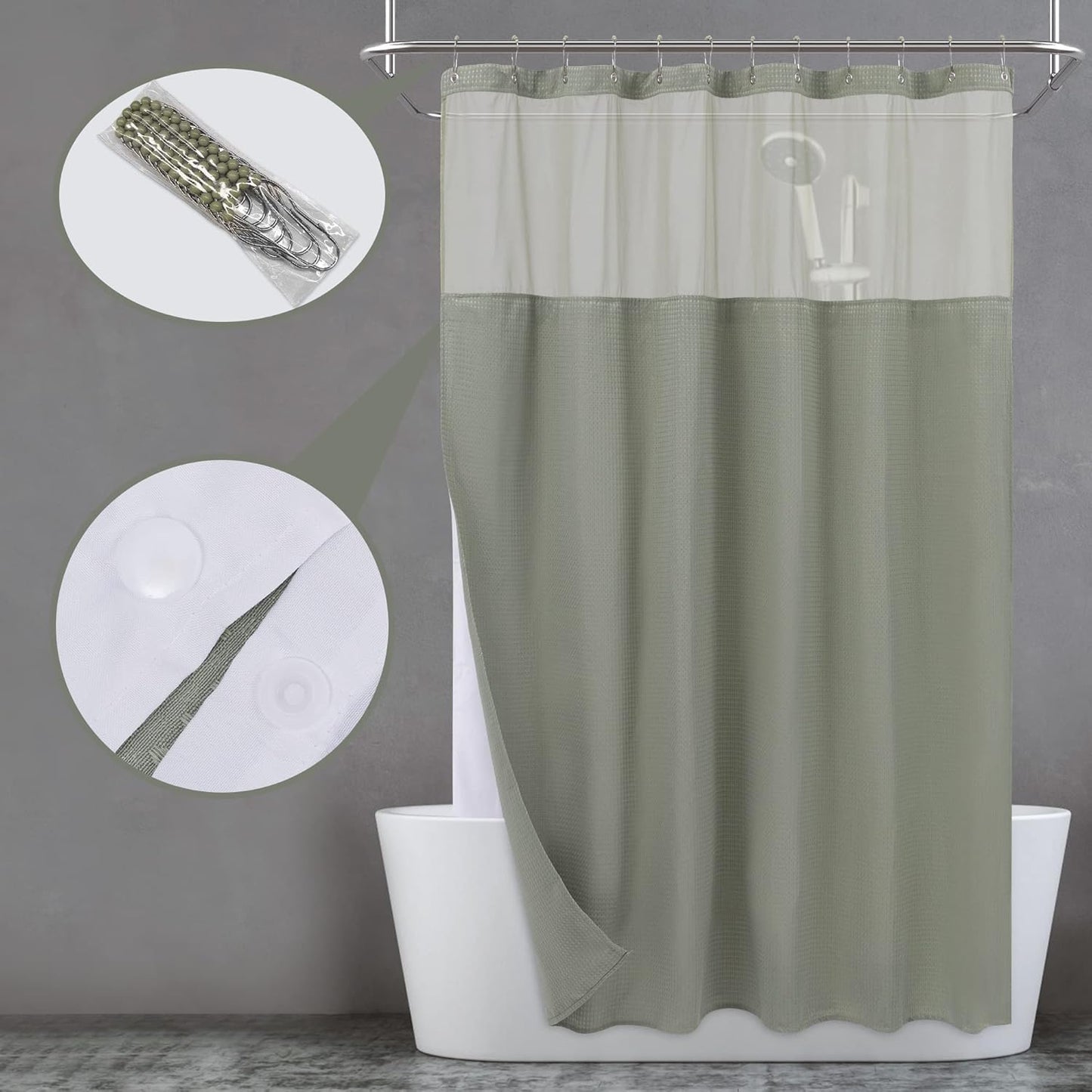 N&Y HOME Extra Long Waffle Weave Shower Curtain with Snap-in Fabric Liner & Hooks Set - 71" x 84", Hotel Style & Mesh Top Window, Machine Washable - 71x84 Inches, Sage Green