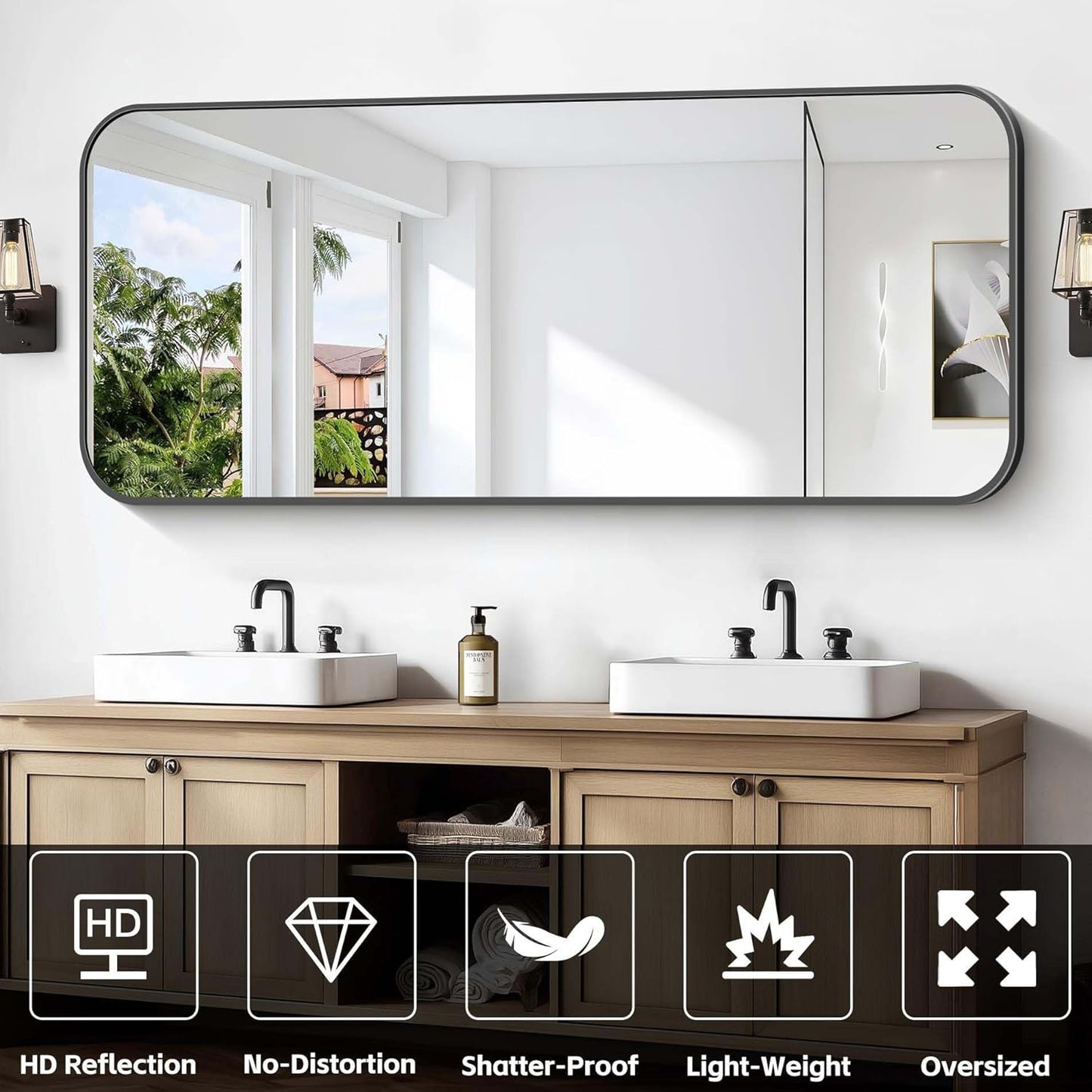 Bathroom Mirror, 60 x 24 inch Metal Framed Black Rectangle Mirror, Rounded Corner Rectangular Vanity Mirror, Large Wall Mounted Mirror for Modern Bedroom Living Room Horizontal or Vertical