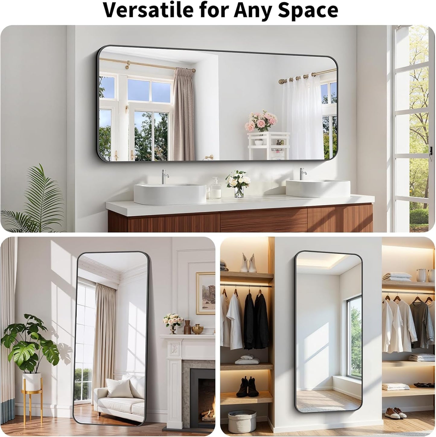 Koonmi Black Framed Bathroom Mirror - 30x71 Inch Shatterproof Tempered Glass Vanity Mirror for Bathroom Sink, Wall Mounted with Matte Aluminum Alloy Frame, No Distortion, Modern Decor