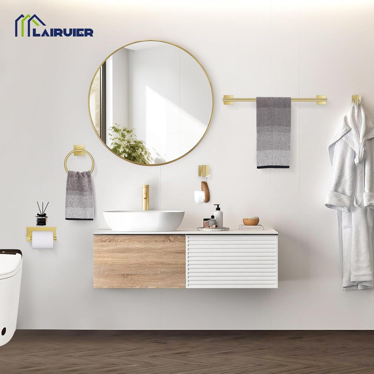 5 Pieces Brushed Gold Bathroom Hardware Set, SUS304 Stainless Steel Bathroom Accessories Set 23.6 inches Towel Bar, Toilet Paper Holder with Shelf, Towel Ring and Two Towel Hooks Wall-Mounted