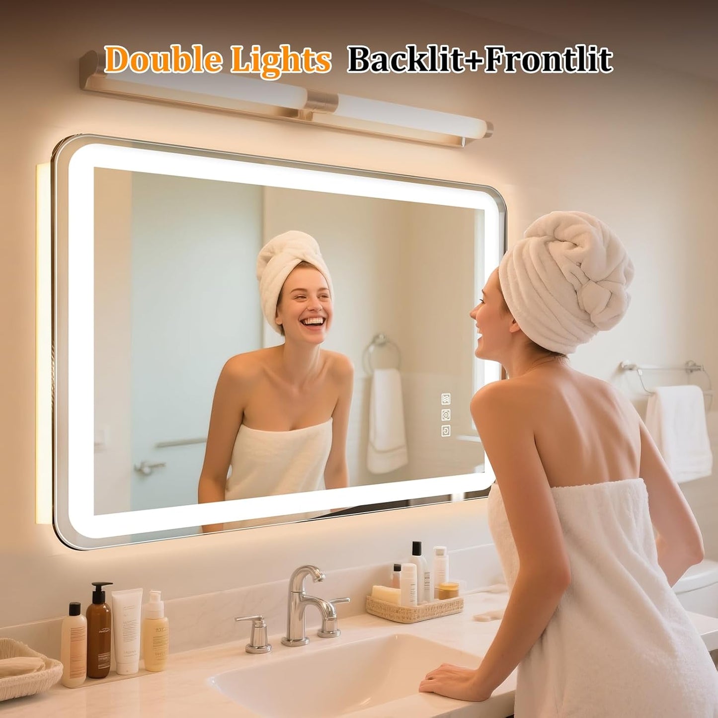 24"x32" LED Bathroom Mirror with Lights, Front and Backlit, Stepless Dimmable, Lighted Mirror for Bathroom Wall, 3 Colors Dimmable Vanity Mirror with Lights, Anti-Fog, Shatter-Proof Glass(Round)