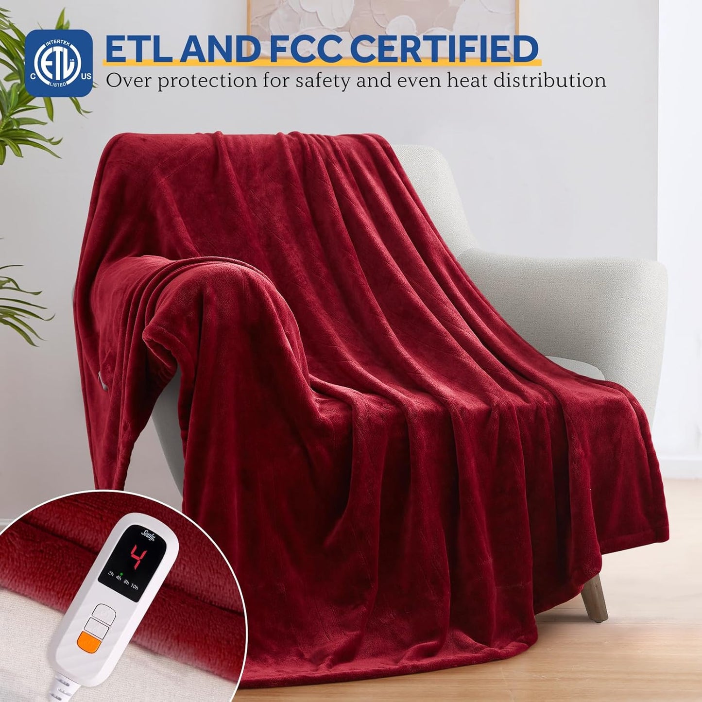 Sealy Heated Blanket Electric Throw 50"x60", Soft Double Flannel Electric Blanket with 6 Heat Levels & 2-10 Hours Auto Shut Off, Machine Washable, Even Heat Distribution, Red