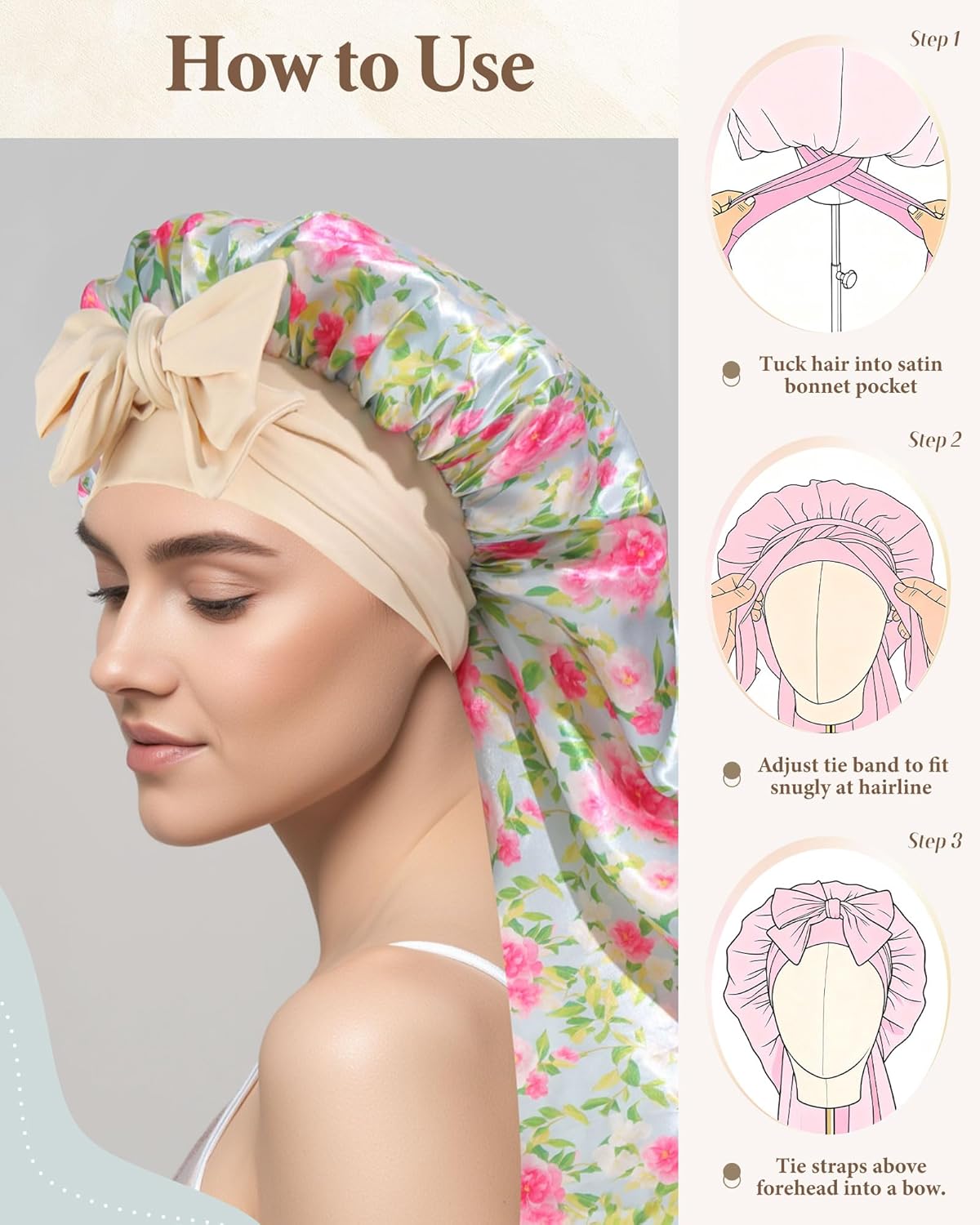 AWAYTR Long Satin Bonnet for Sleeping, Reversible Double Layer Hair Bonnet with Elastic Tie Band (Rose Print+Blue)
