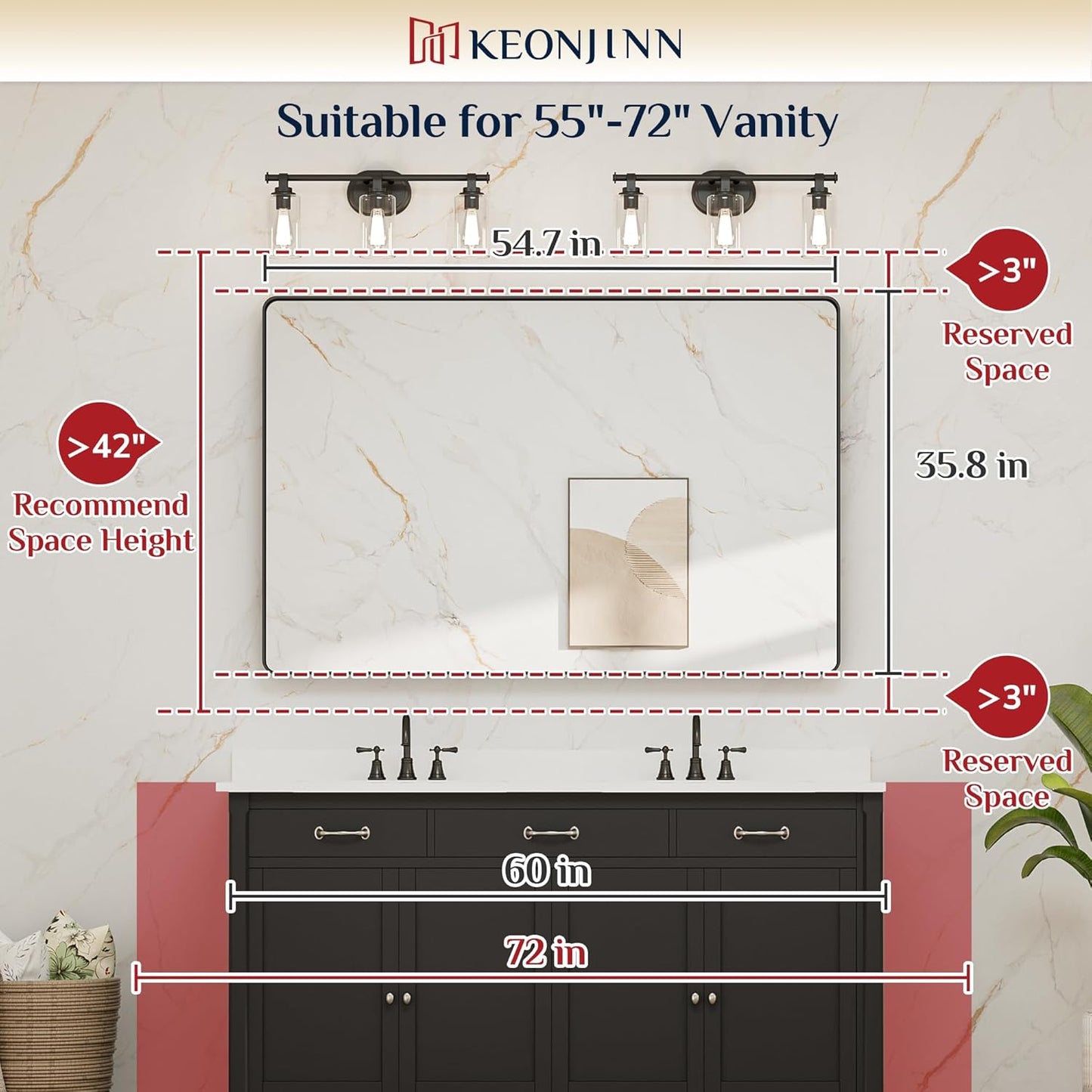 Keonjinn 55 x 36 Brushed Nickel Bathroom Mirrors for Over Sink, Large Rounded Rectangle Bathroom Vanity Mirror, Modern Decorative Silver Mirror, HD Tempered Glass Wall Mirror(Horizontal/Vertical)