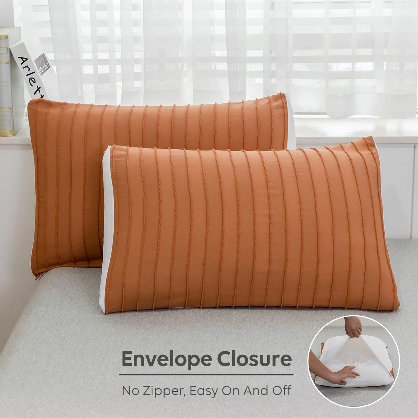 JELLYMONI Duvet Cover King Size Rust and White - 3PCS Boho Striped Duvet Cover Set Polyester Tufted Bohemian Textured Comforter Cover with Corner Ties & Zipper Closure