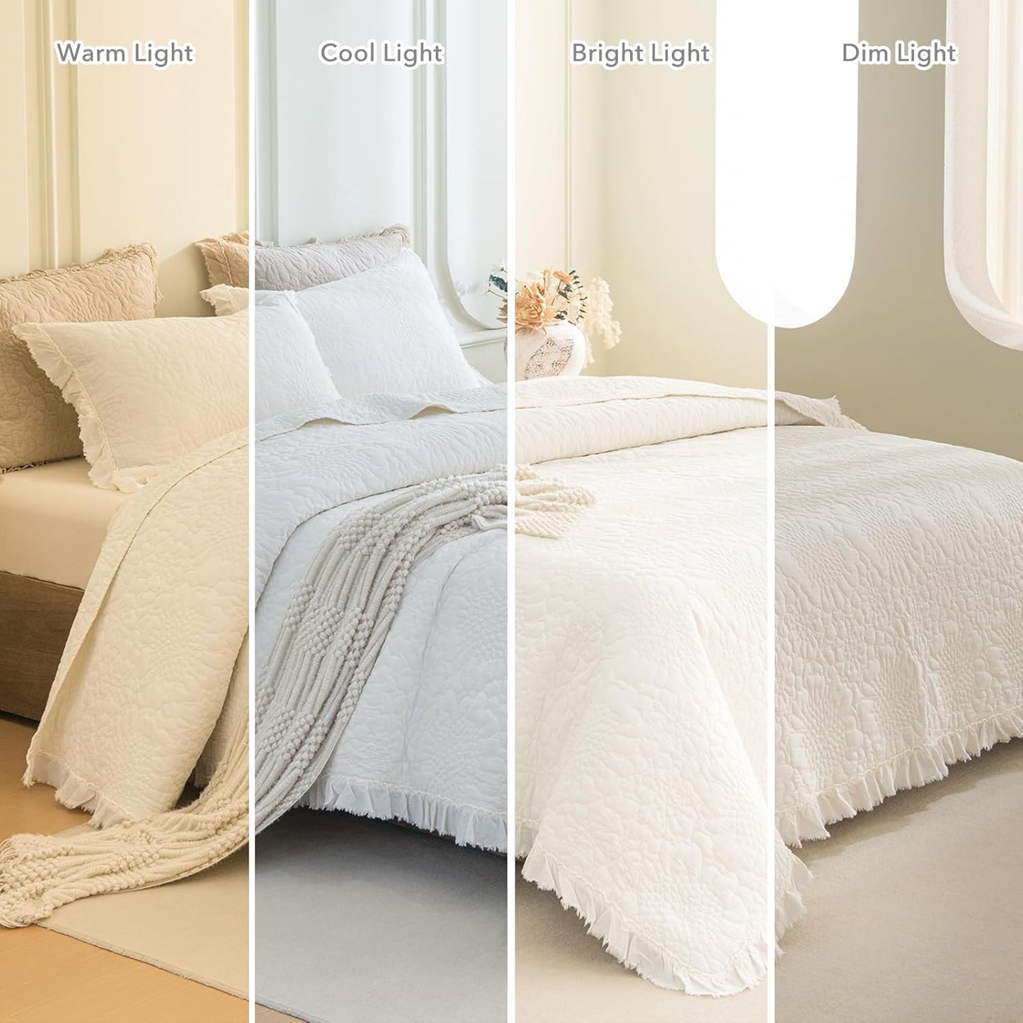 QSH 3PCs Stonewashed Cotton Quilt King (110"x98"),Milk White Ruffled Quilt King Size Bedding Set,Ultra Lightweight Soft Crinkle Bedspread Coverlet King Shabby Farmhouse Chic Bedspreads for All Seasons