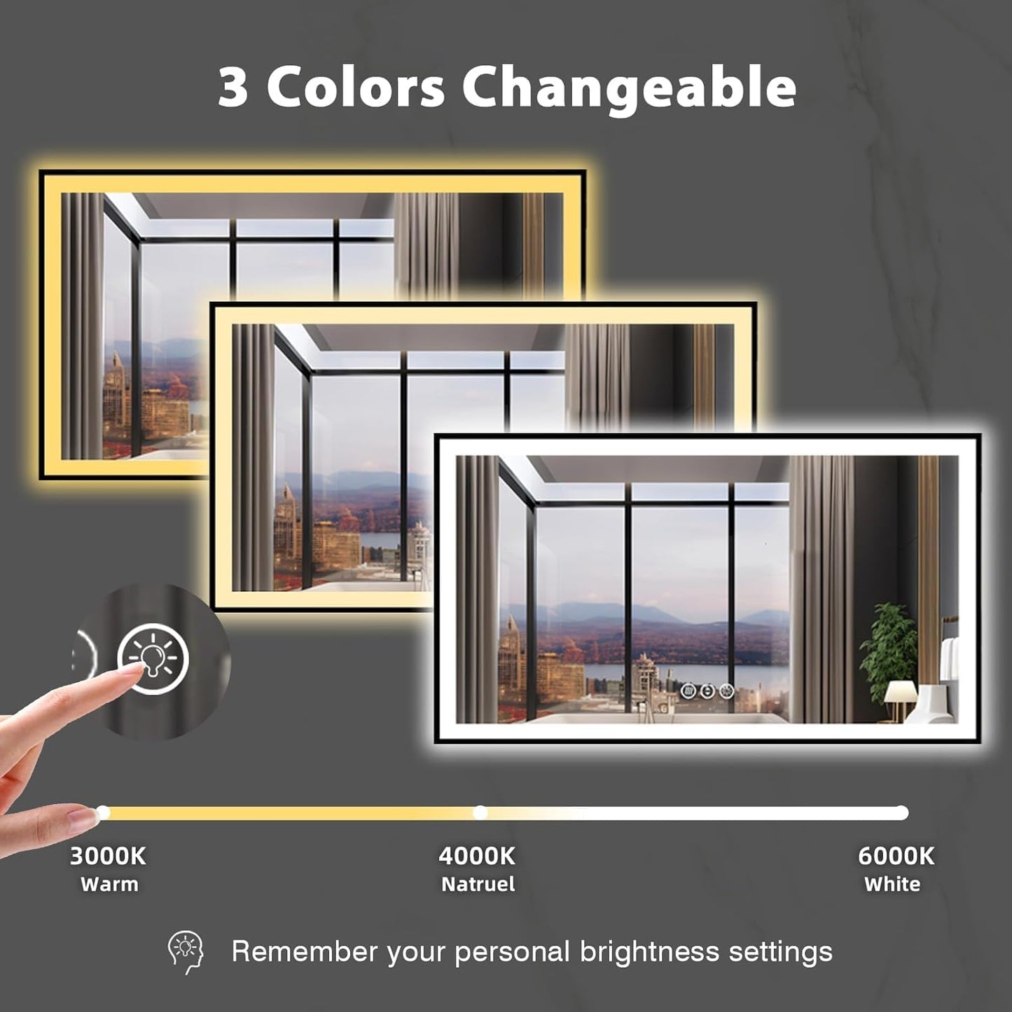 73x40 Lighted Mirrors for Bathroom Wall, Modern Rectangle Matte Black Mirror, Tempered Glass,Double Lights, 3 Colors Dimmable Temperature, IP54 Enhanced Anti-Fog, Memory (Horizontal/Vertical)