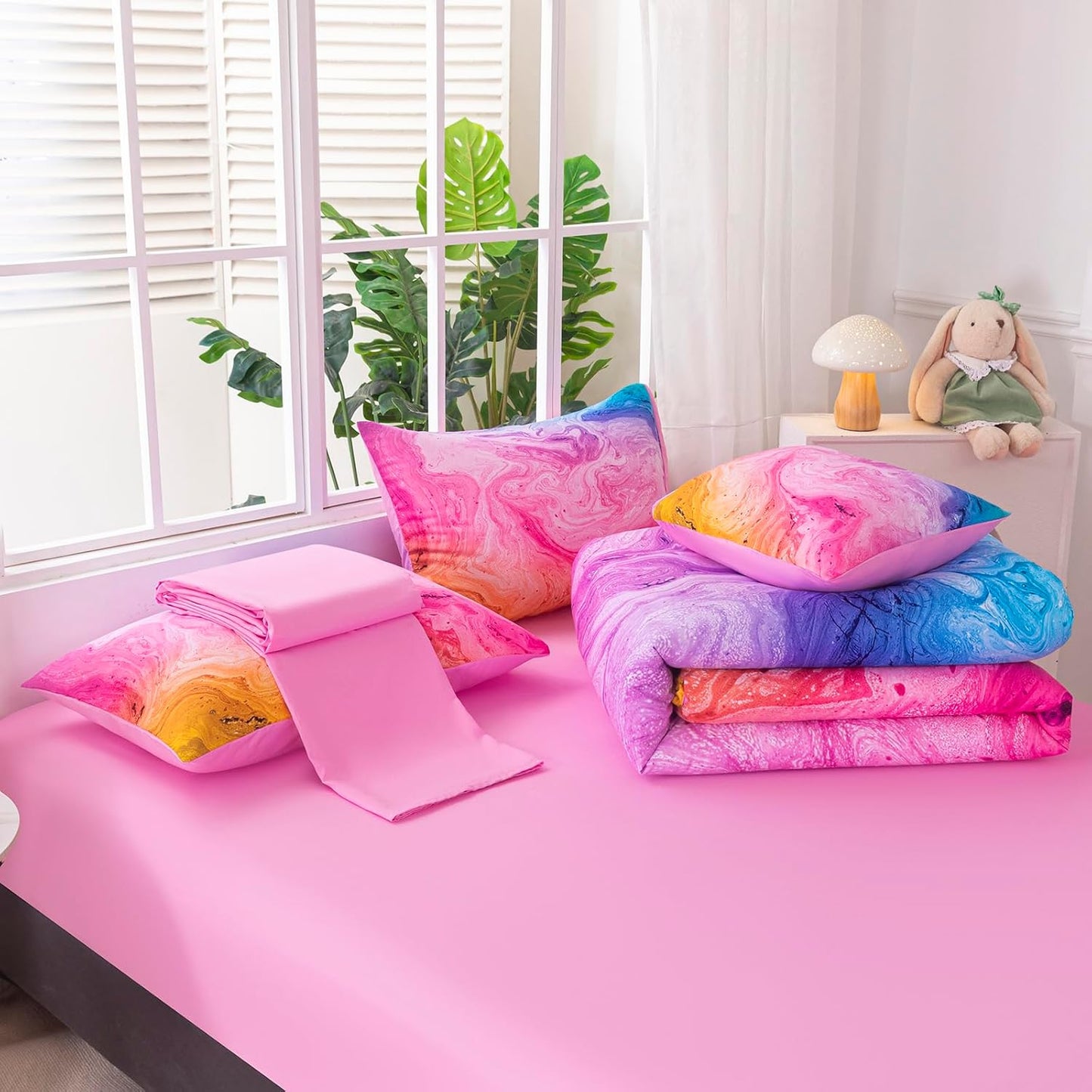 6Pcs Tie Dye Twin Comforter Set for Girls Kids, Watercolor Marble Abstract Art Pink Bedding Sets Twin Bed in A Bag (1 Comforter, 1 Flat Sheet, 1 Fitted Sheet, 1 Cushion Cover, 2 Pillowcases)