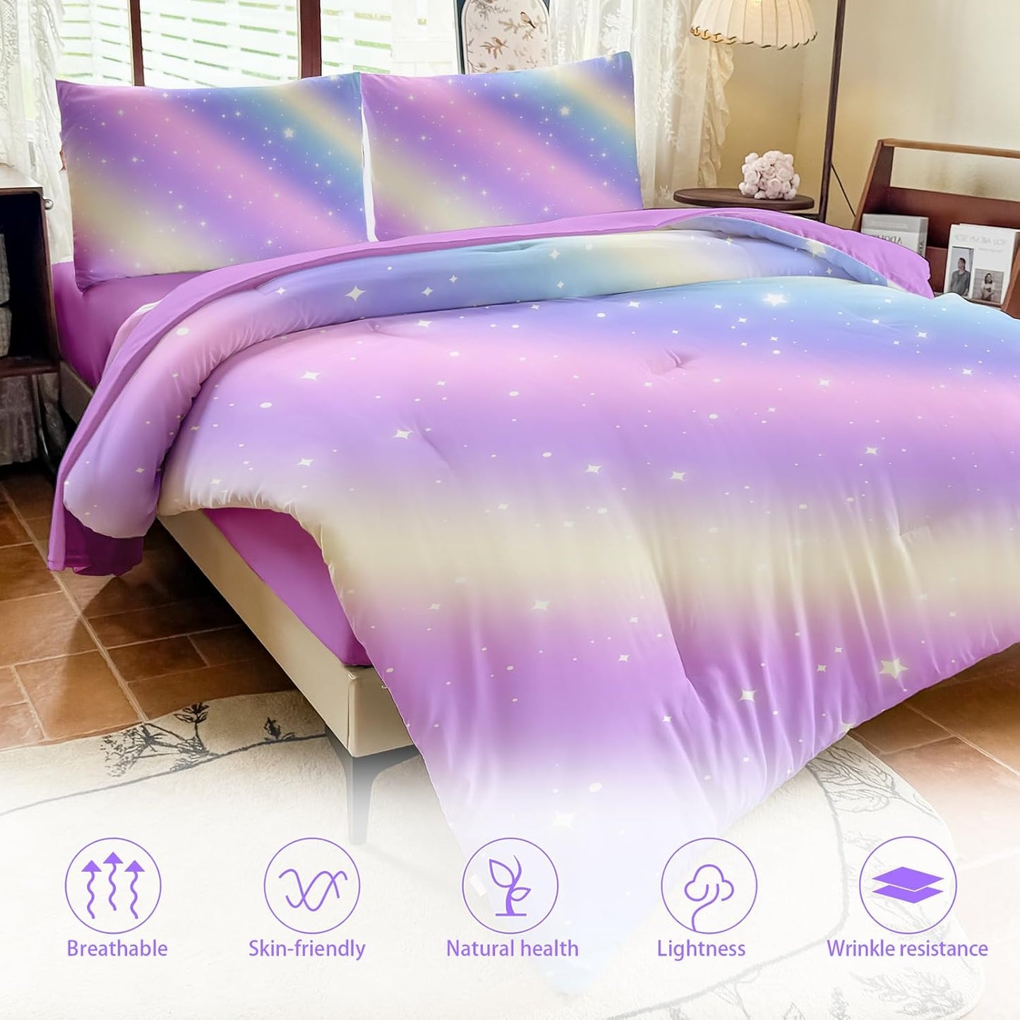Girls Full Size Bedding Sets Rainbow Bedding โ 5 Piece Comforter Set Full, Gradient and Colorful Galaxy Comforter for All-Season โ Machine Washable, Durable โ Gift Idea for Boys and Girls Room