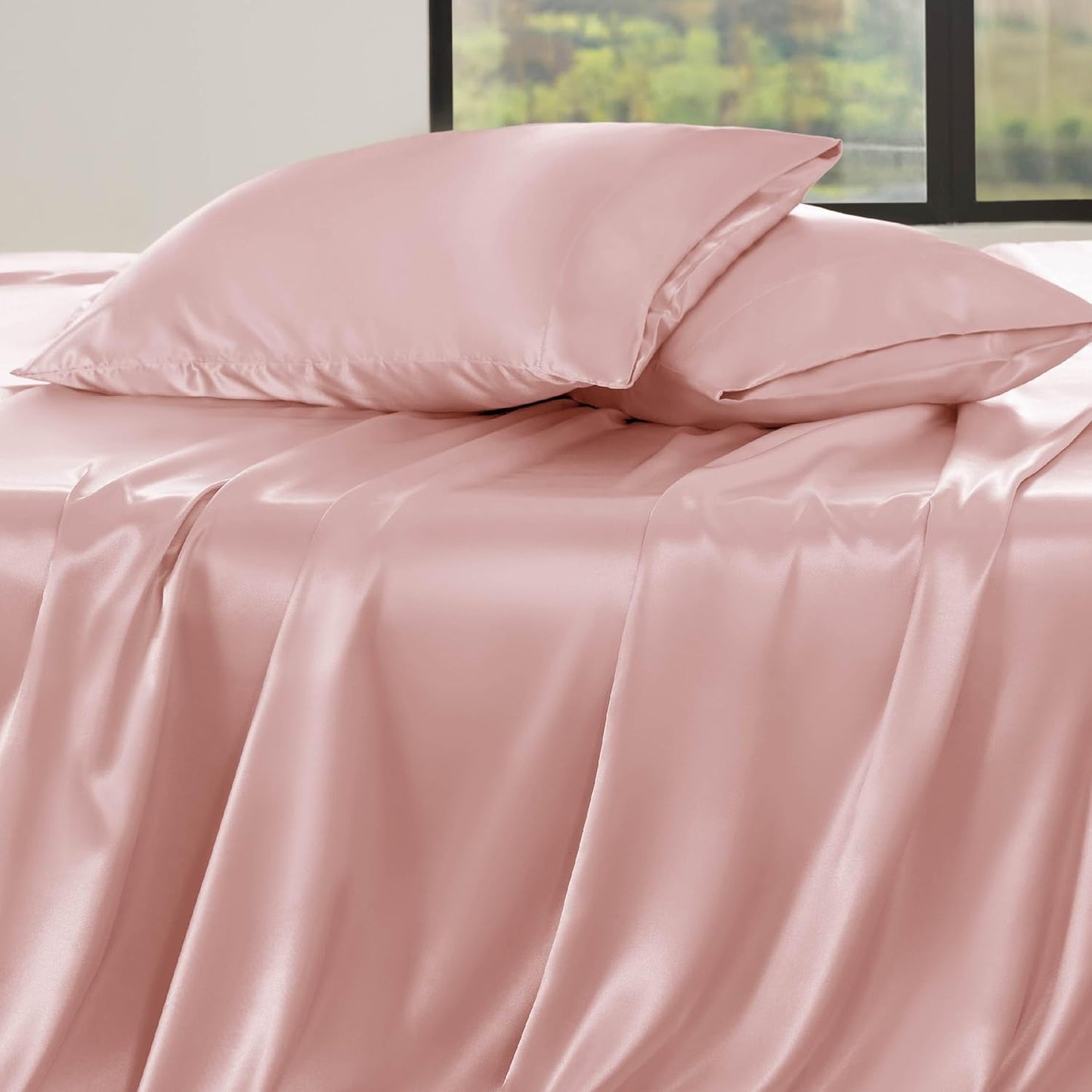 Bedsure Satin Sheets Queen Size - 4 Piece Silky Bedsheets with 15 Inches Deep Pocket Fitted Bedsheet,1 Flat Sheet, 2 Satin Pillowcases, Good for Hair & Skin (Queen, Blush Pink)