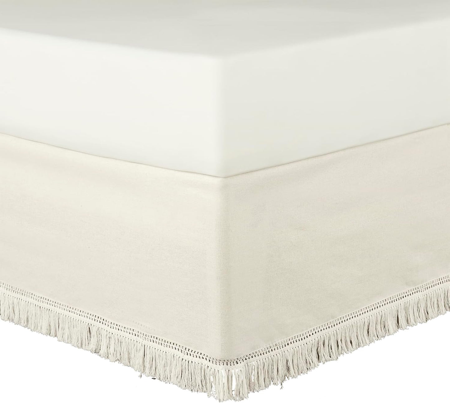 Lush Decor Boho Fringe 15-Inch Tailored Drop Easy Fit Bedskirt, Queen, Off-White