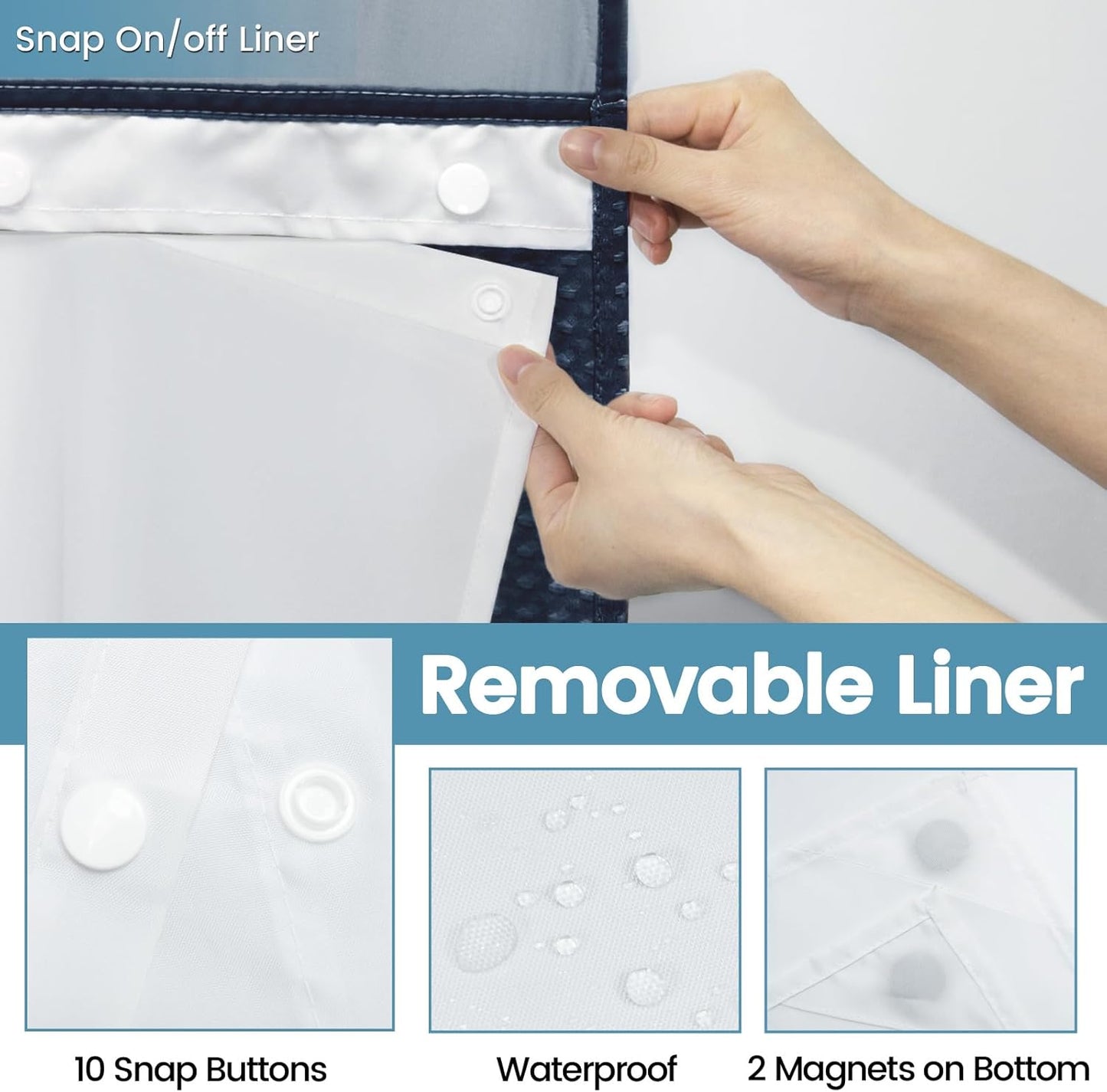 Navy Blue Stall No Hook Shower Curtain with Snap in Liner,230GSM Waffle Weave Shower Curtains for Bathroom,54W x 80H