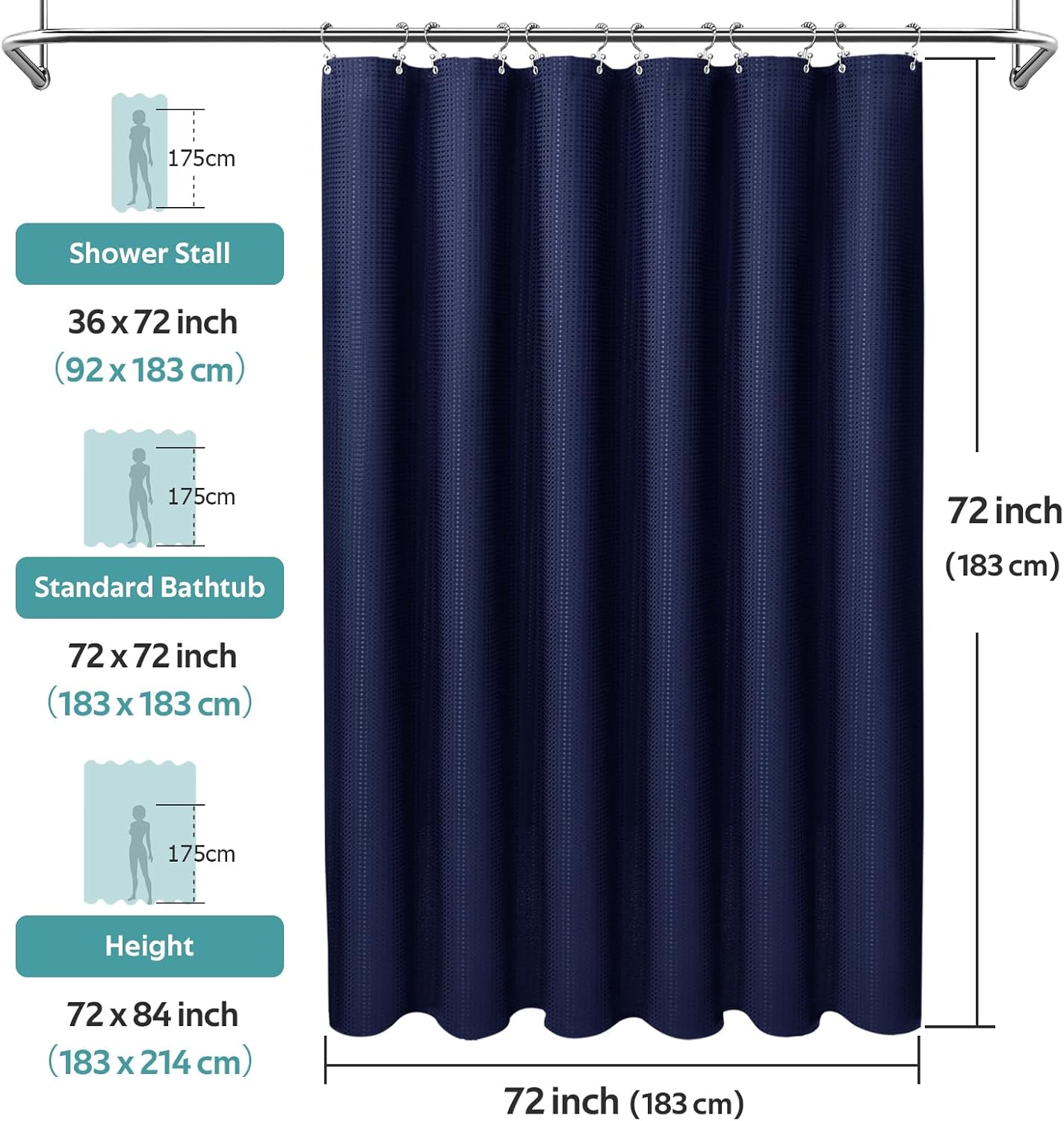 3 in 1 Shower Curtain Set, Waffle Shower Curtain and Liner Set with 12 Double Sided Shower Curtain Hooks, 258GSM Luxury Weighted Cloth Shower Curtains for Bathroom, 72 W x 72 H, Navy Blue