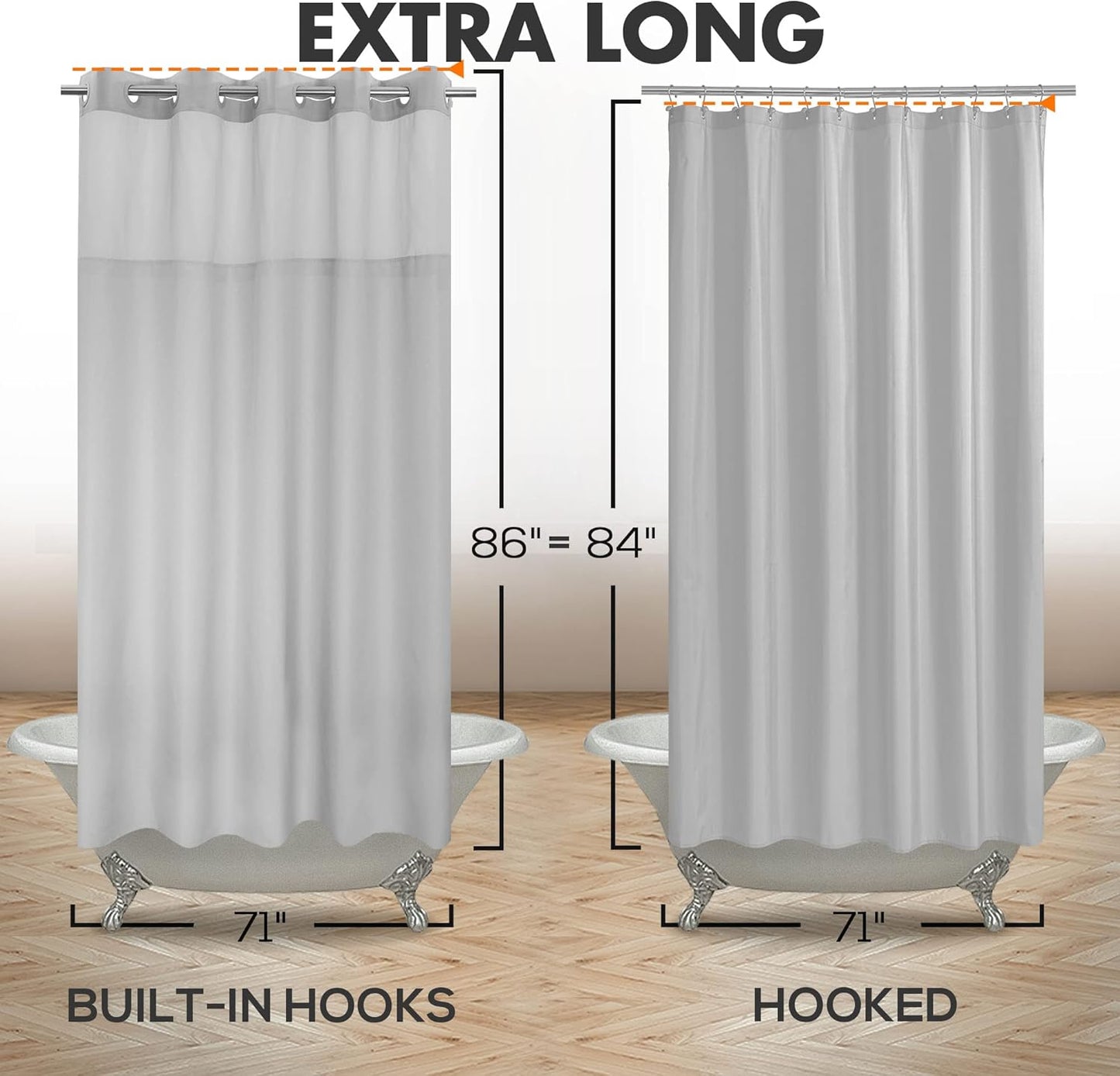 River Dream Extra Long No Hook Slub Textured Shower Curtain with Snap-in PEVA Liner Set - 71" x 86"(84"), Hotel Style with See Through Top Window, Grey Fabric Curtain & Waterproof Liner, Gray, 71x86