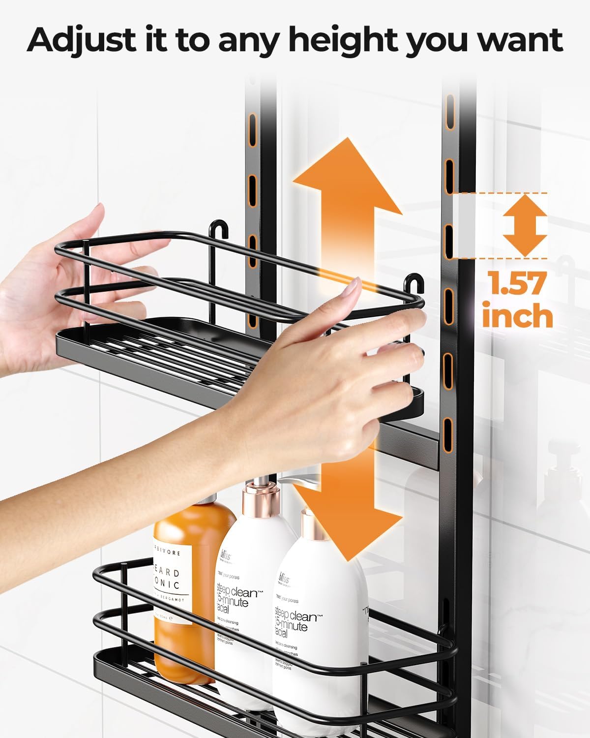 ODesign 4 Tier Height-Adjustable Shower Caddy Hanging Anti-Swing-Over The Shower Head Caddy-Sho wer Storage Organizer Bathroom Shelves Basket Caddies-Black
