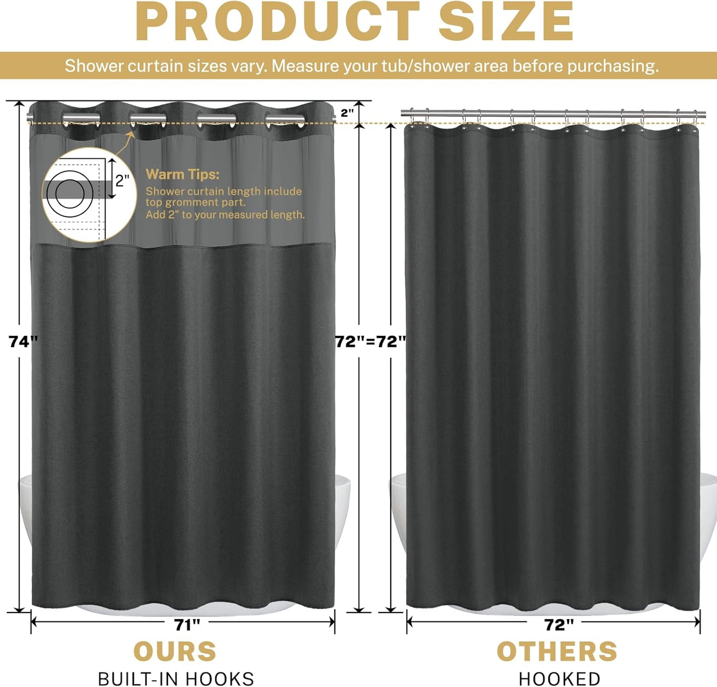No Hook Shower Curtain with Snap in Liner, Polyester Textured Shower Curtain with Liner Set, Waterproof Washable Hotel Style Shower Curtains for Bathroom, 71Wx74H, Charcoal Grey