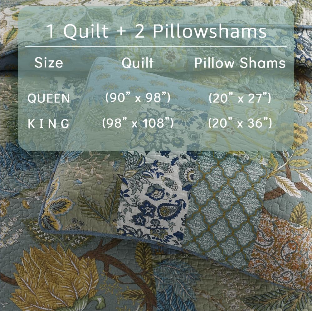 Cotton Bedspread Quilt Bedding Sets 3 Pieces Reversible Coverlet Sets Comforters Rustic Paisley Floral Patchwork Sage Green Bedspread, King Size