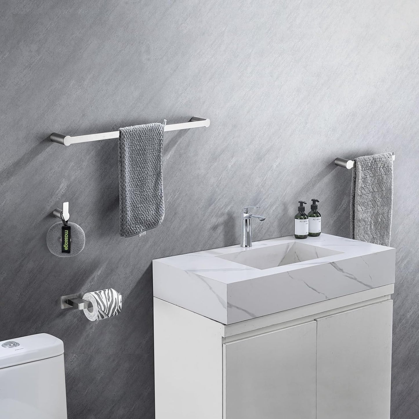 4-Pieces Bathroom Accessories Set, Towel Bar Set Modern Stainless Steel Towel Rack Towel Hooks Toilet Paper Holder for Bathroom Wall Mounted, Brushed Nickel 16 Inch