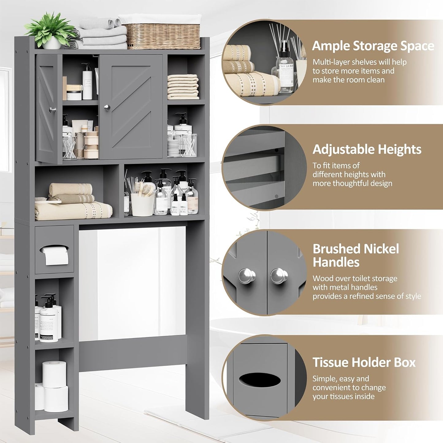 Meilocar Over The Toilet Storage Cabinet, Bathroom Over Toilet Storage Cabinet, Bathroom Storages Organizer Cabinets with Toilet Paper Holder and Adjustable Shelf, Grey
