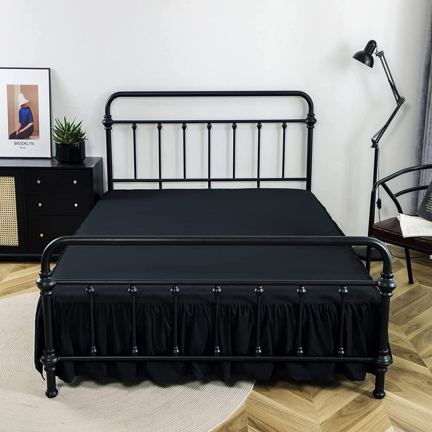 Bed Skirts King Size 14 Inch Ruffled Bed Skirt with Split Corners, 14 Inch Drop Dust Ruffle Bed Skirt with Platform, Black