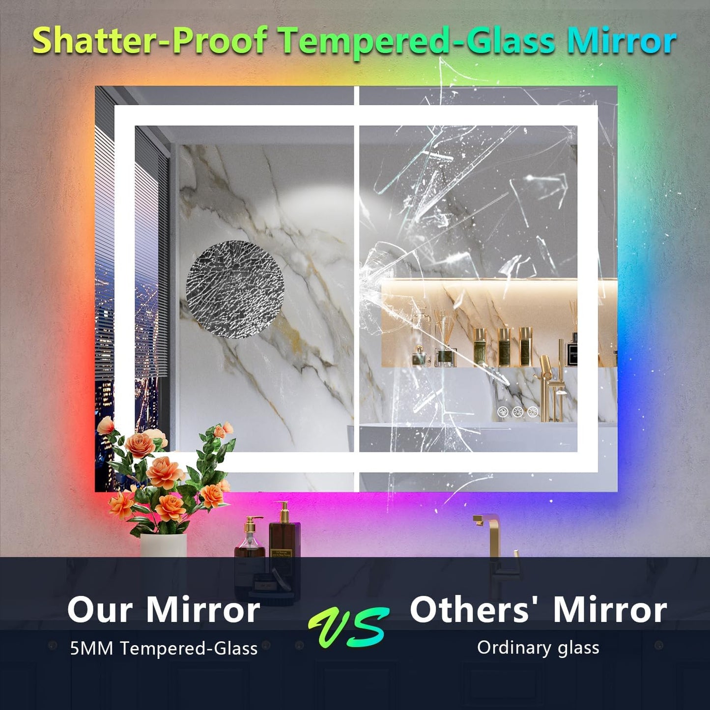 36x30 Inch RGB LED Bathroom Mirror Front Light and RGB Backlit Lighted Vanity Mirror for Bathroom Wall Mounted Dimmable Anti Fog Memory Shatter-Proof IP54 Waterproof Horizontal/Vertical