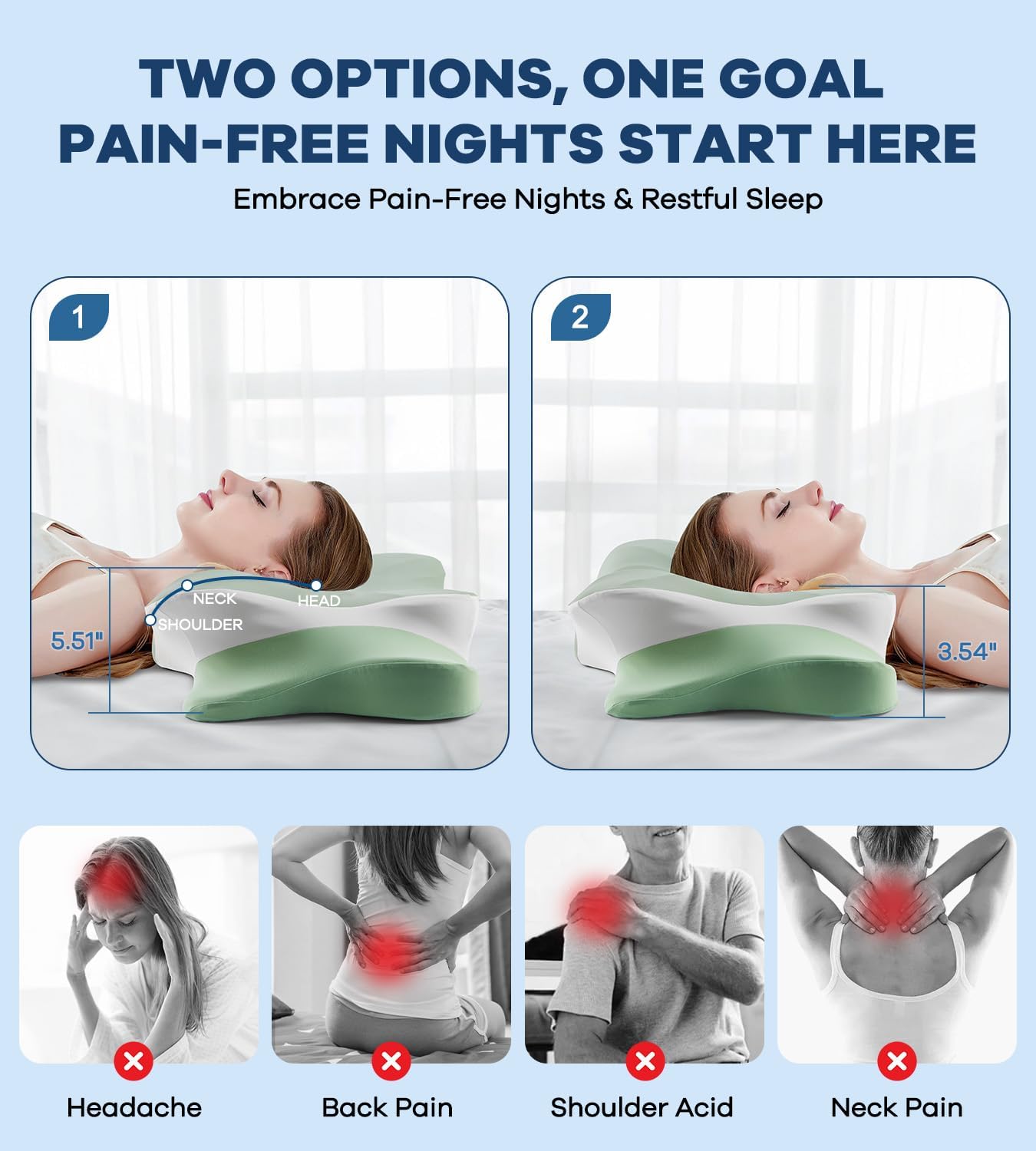 Cervical Pillow for Neck Pain Relief -Cooling Ergonomic Memory Foam Pillow with Ice Silk Pillowcase, Dual-Height Orthopedic Support Contour Pillow for Side/Back/Stomach Sleepers, CertiPUR-US Certified