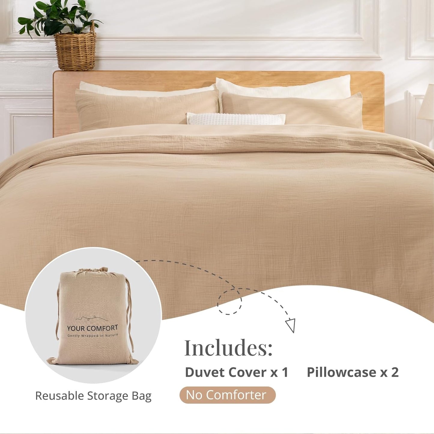 100% Sandwashed Cotton Duvet Cover Queen Size, Soft Queen Duvet Cover Set 3 Pieces with Zipper Clousre & Corner Buttons (Linen, Queen 90 x 90)