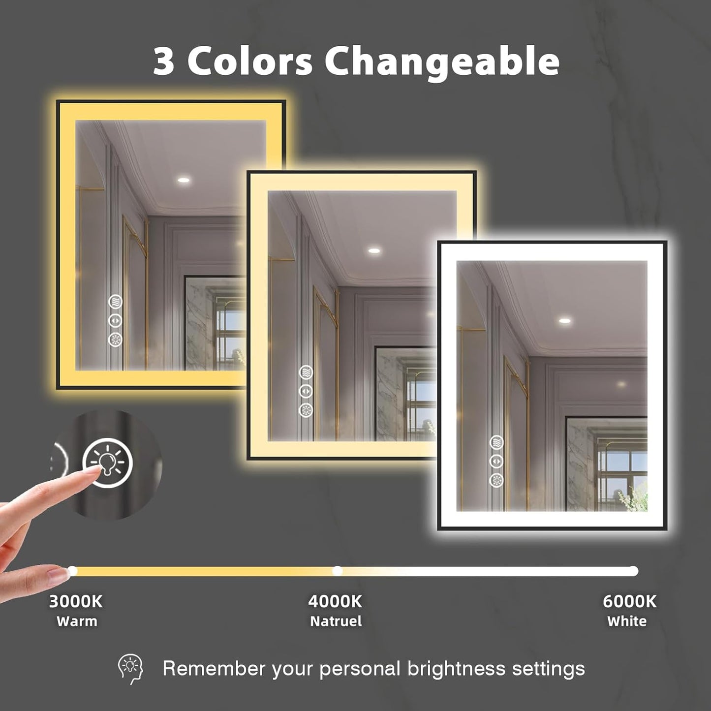 30x36 Lighted Mirrors for Bathroom Wall, Modern Rectangle Matte Black Mirror, Tempered Glass,Double Lights, 3 Colors Dimmable Temperature, IP54 Enhanced Anti-Fog, Memory (Horizontal/Vertical)