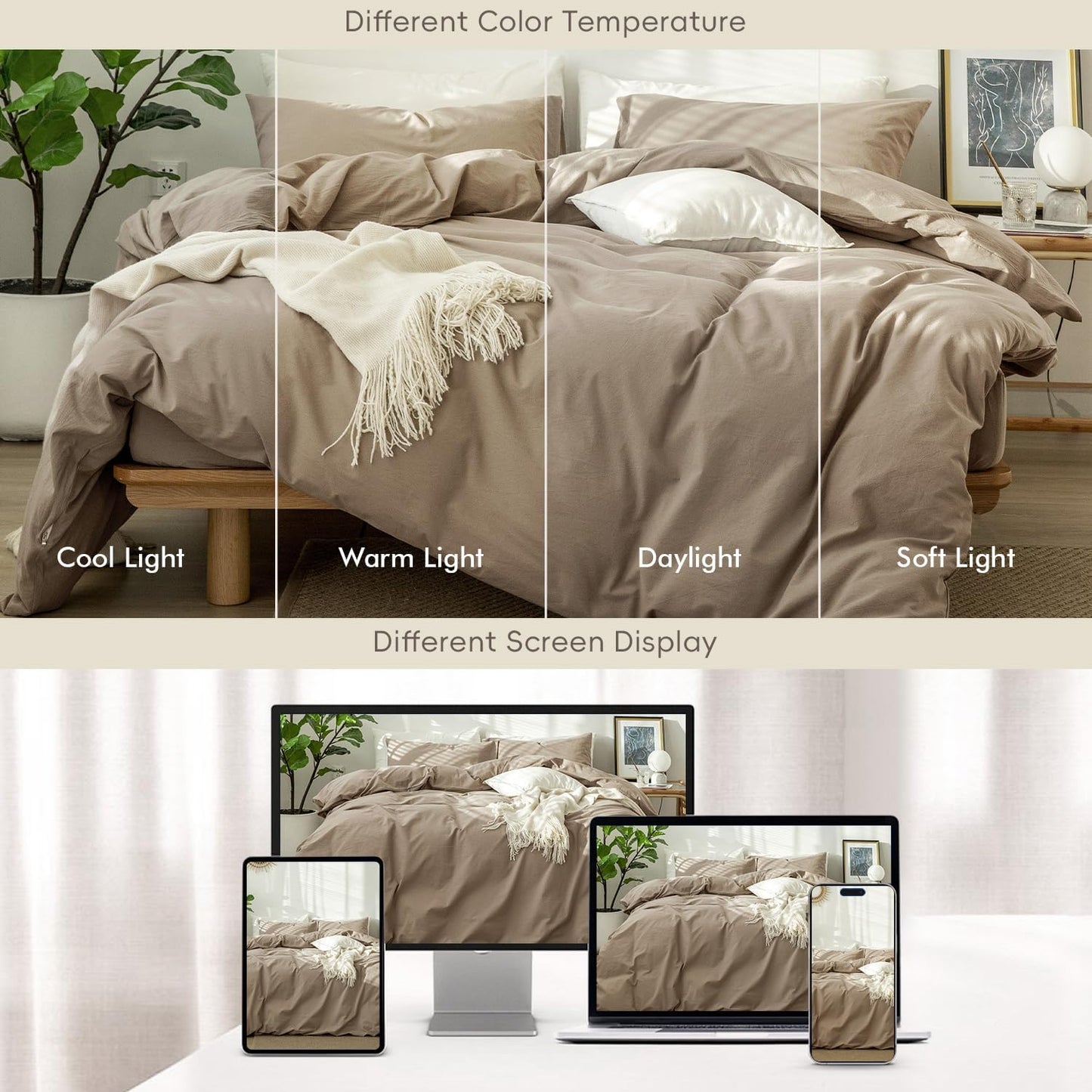 MooMee Bedding Duvet Cover Set 100% Washed Cotton Linen Like Textured Breathable Durable Soft Comfy (Solid Mocha Brown, Super King 108"x98")