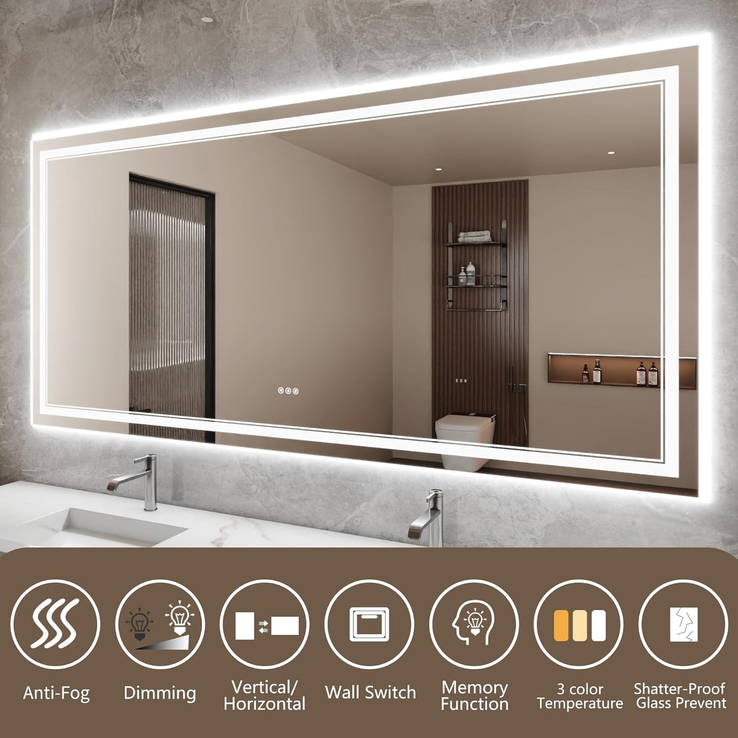 Bathroom Mirror with Lights 40"X84" with Front Light and Backlit, Tempered Glass, Wall Mount Horizontal/Vertical, Stepless Dimmable, 3 Colors, Anti Fog, Bathroom Memory LED Mirror