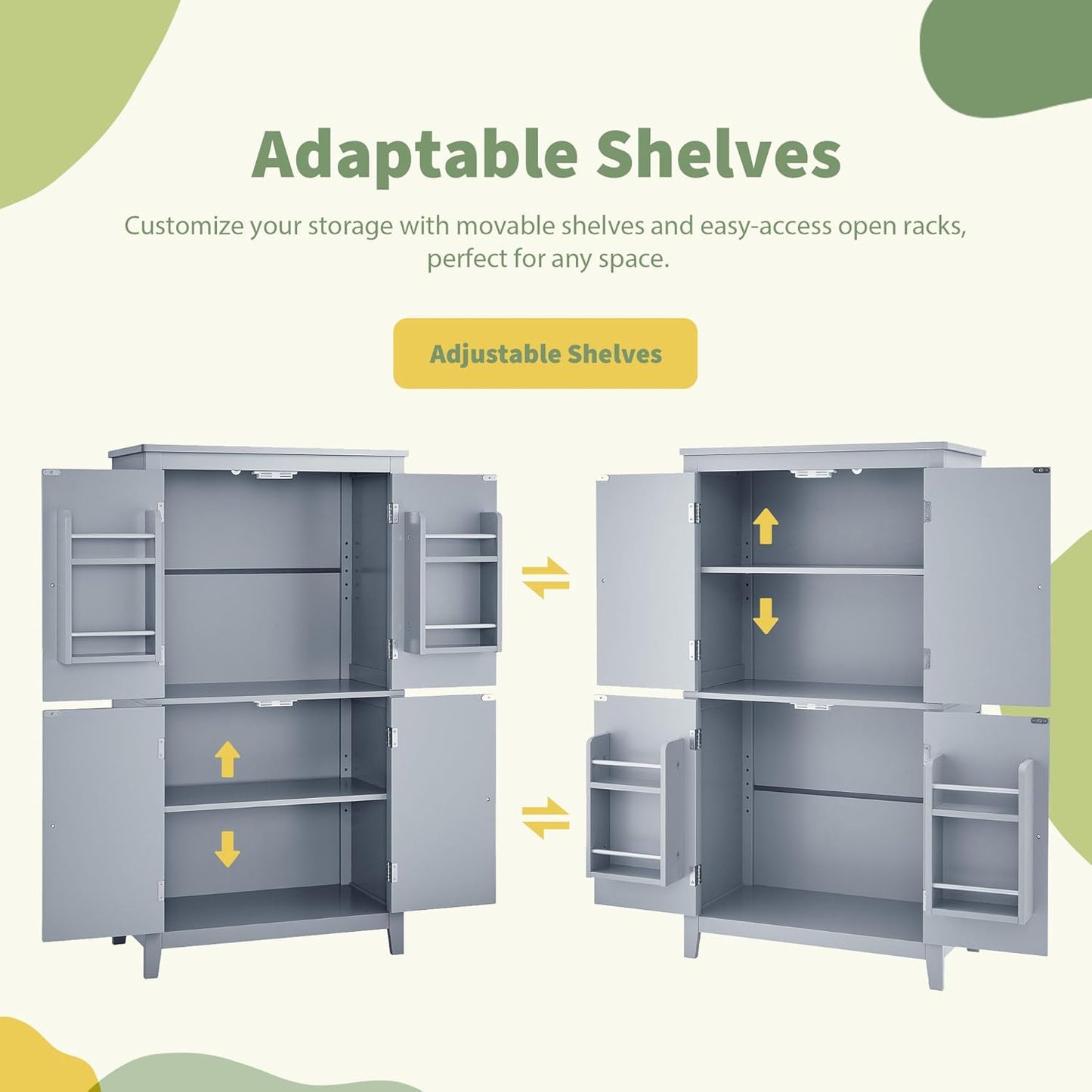 Freestanding Storage Cabinet with 4 Doors,Elegant Organizer Unit with Adjustable Shelves, Sturdy MDF Frame, Anti-Tipping Design, Large Capacity for Bathroom, Kitchen, Office, Home, Grey
