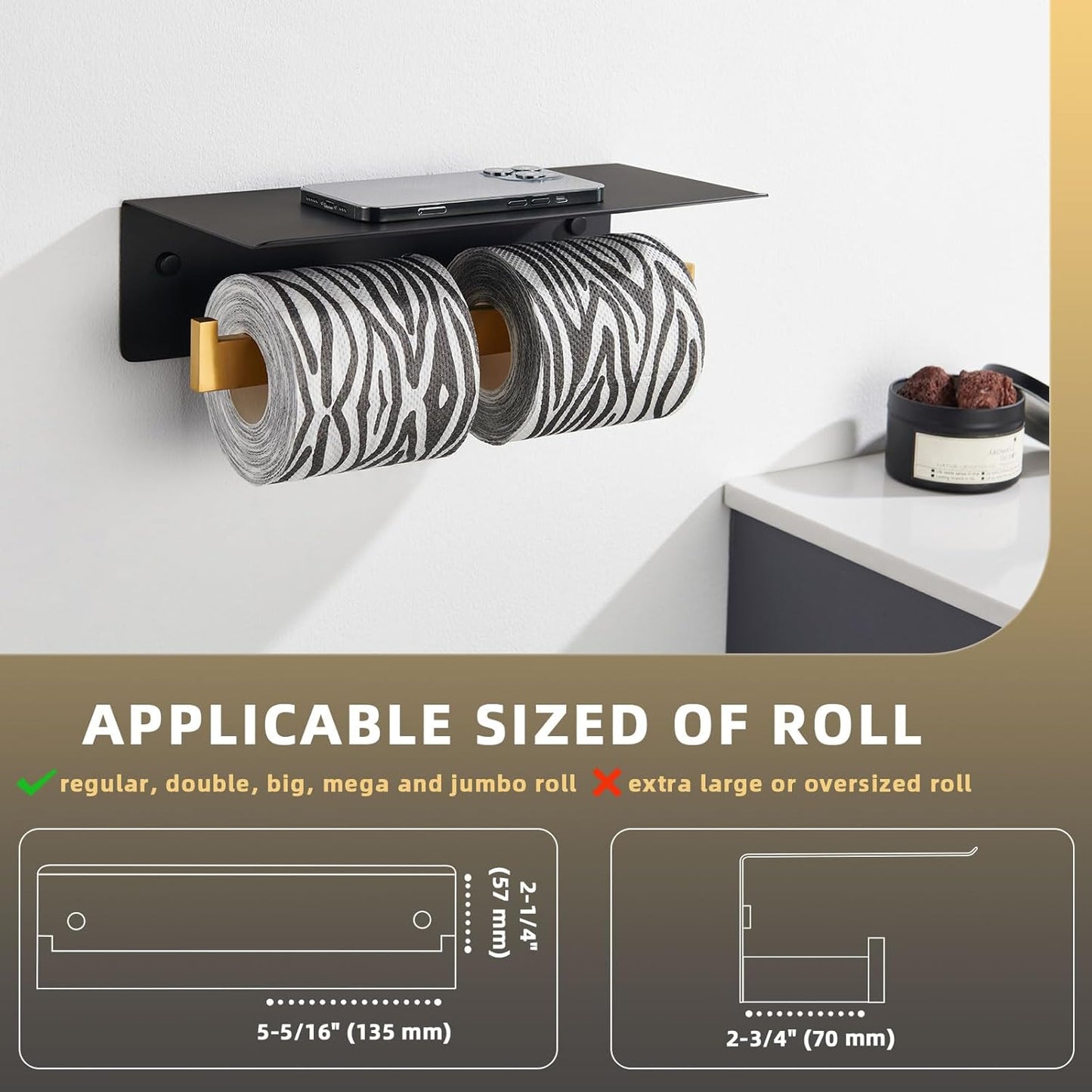 Angle Simple Double Toilet Paper Holder with Shelf, 304 Stainless Steel Bathroom Toilet Tissue Roll Holder for Wall Black and Gold