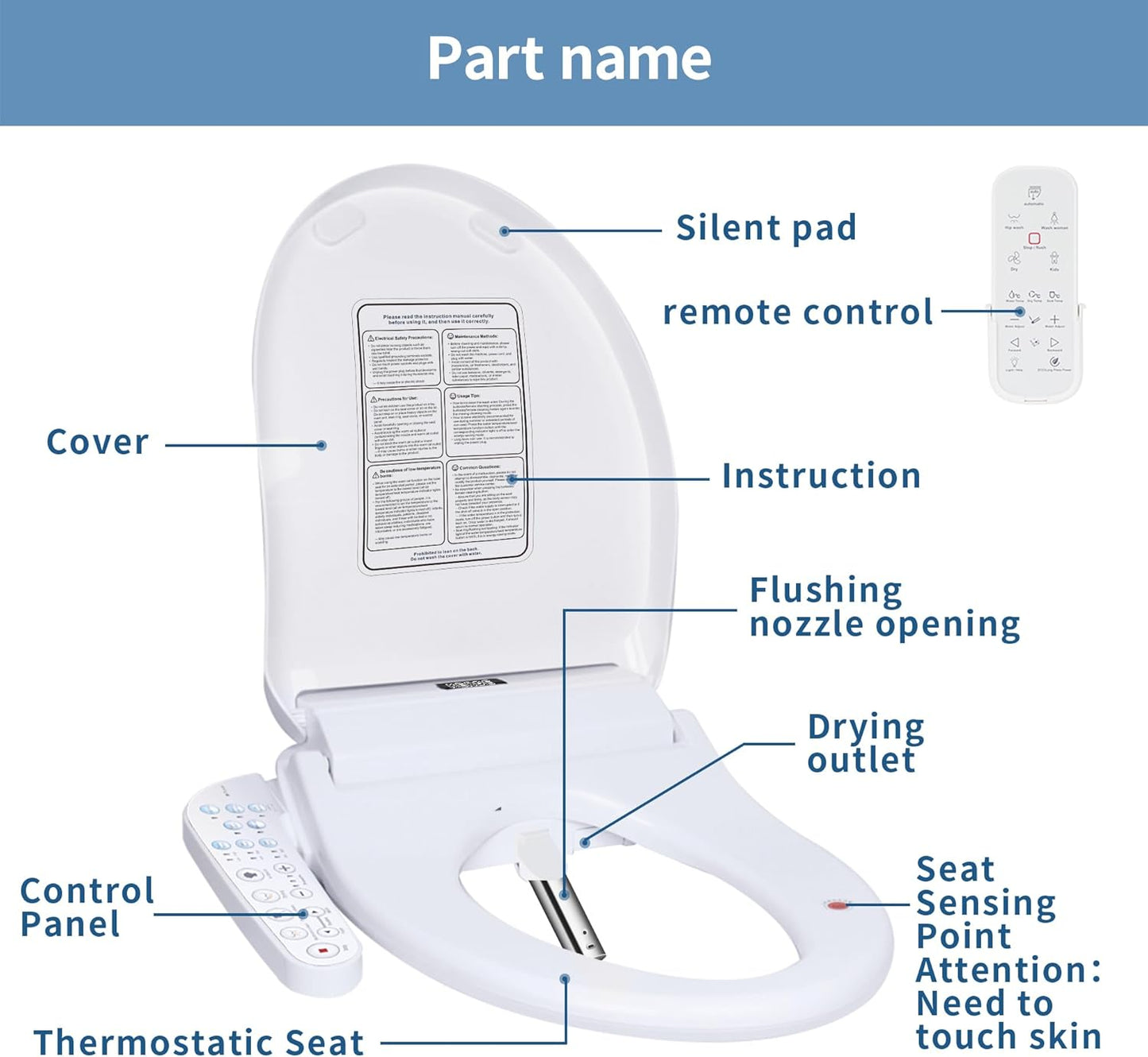 KERDE P30A Electric Bidet Toilet Seat with Auto Flush & Dual-Control (Remote+Panel) โ Heated Seat, Warm Water Wash, Self-Cleaning Nozzle, Universal Fit for Elongated Toilets (Remote+Armrest)
