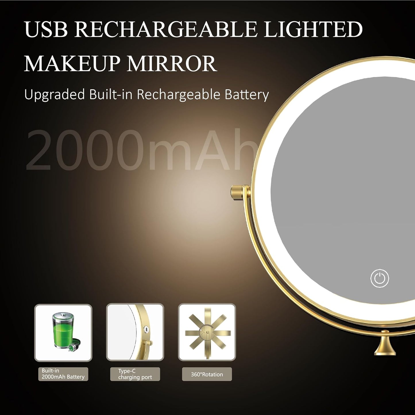 Rechargeable Wall Mounted Lighted Makeup Vanity Mirror 9 Inch Double Sided 1X 10X Magnifying Bathroom Mirror, 3 Color Lighting, Touch Screen Dimming, 360 Rotation Shaving Mirror Gold