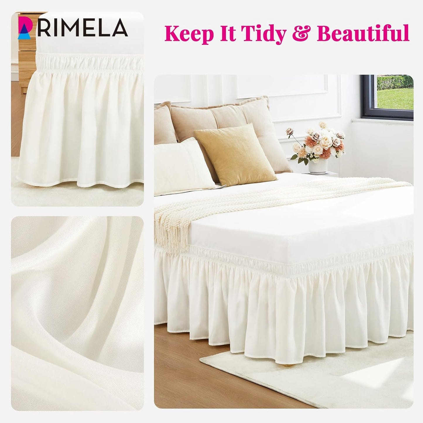 RIMELA Warm White Bed Skirt Queen 25 Inch Drop, Elastic Bed Skirts Queen Size Dust Ruffle, Bedskirt for Adjustable Bed Base, Wrinkle & Fade Resistant Silky Luxurious Fabric Easy to Install
