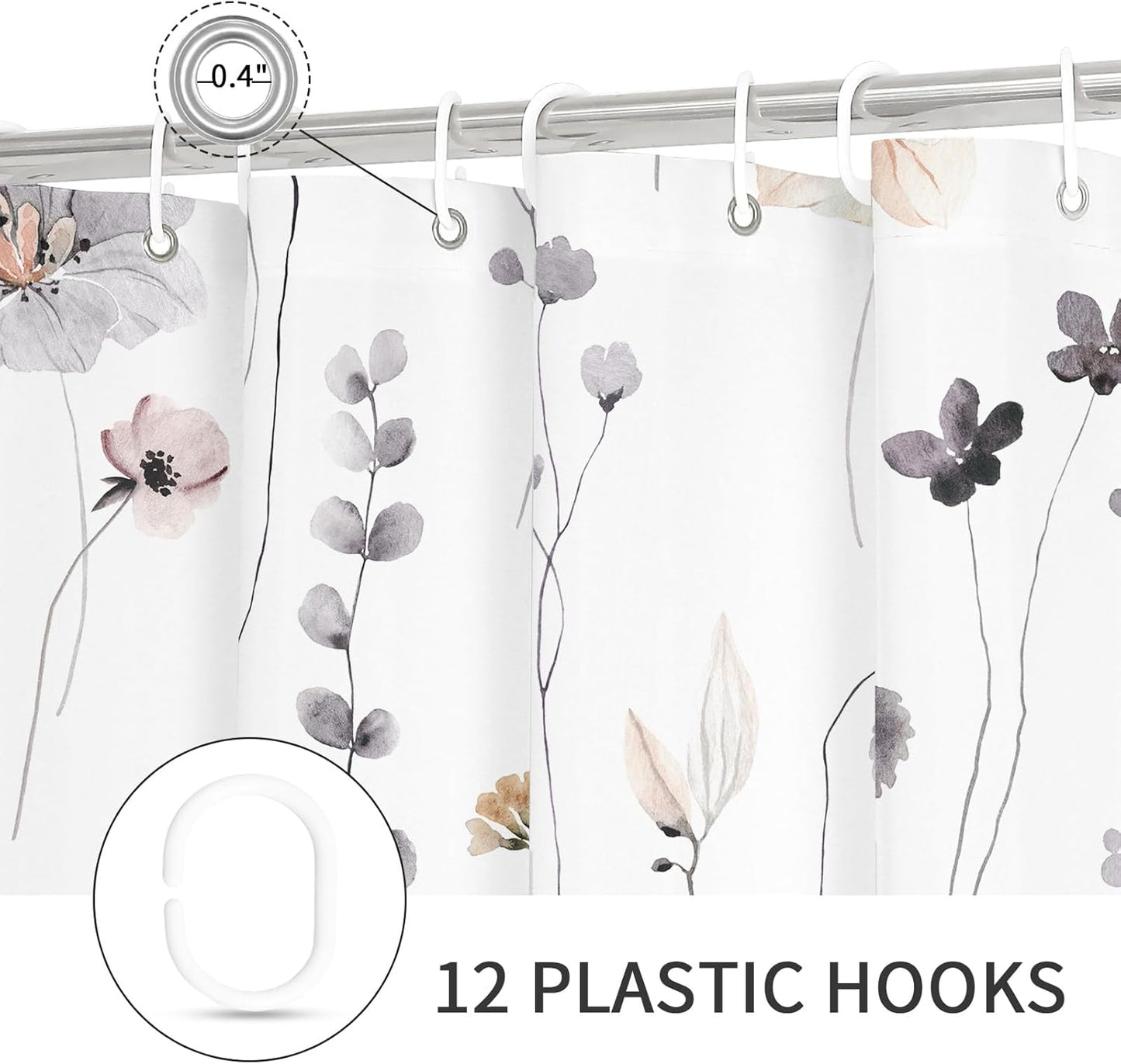 Gibelle Watercolor Floral Shower Curtain 72x72 Inch, Charcoal Grey Beige Flower Modern Minimalist Fabric Bathroom Decorative