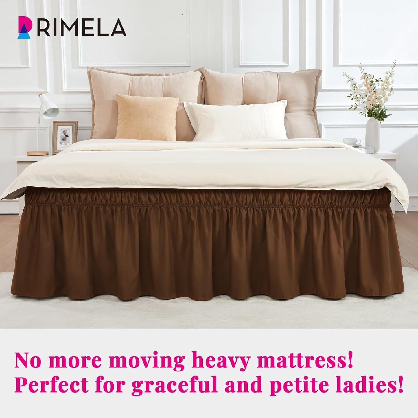RIMELA Bed Skirt Queen Size 15 Inch Drop, Elastic Bed Skirting for Bed Base and Frame, Bedding Dust Ruffle Easy to Install, Wrap Around Adjustable Bedskirt, Chocolate Brown