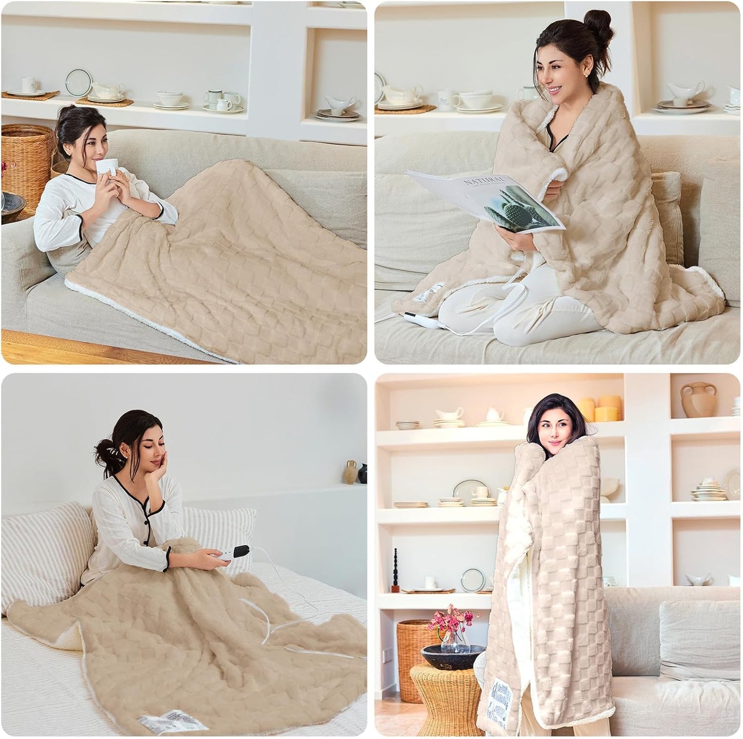 Electric Blanket Throw - Soft Checked Flannel with 6 Heating Levels, 4 Hours Auto-Off, Fast Heating, ETL & FCC Certified, 50"x60", Overheating Protection, Cozy Heated Blanket Throw(Khaki)