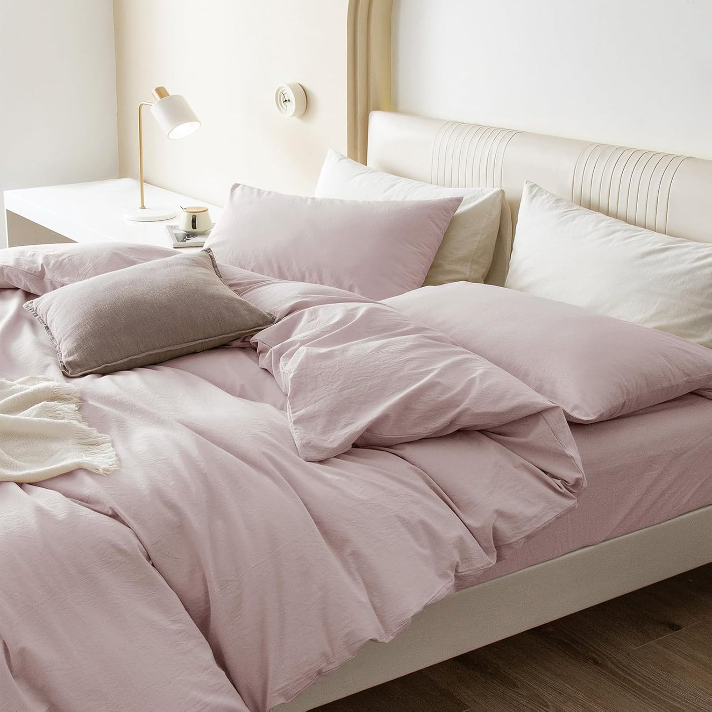 JIYUAN 100% Washed Cotton Duvet Cover Set 3 Pieces Cal King, 1 Duvet Cover 104x98 Inches (Comforter Not Included) and 2 Pillowcases,Linen Feel Bedding Set Comfy and Breathable, Heathered Greyish Pink