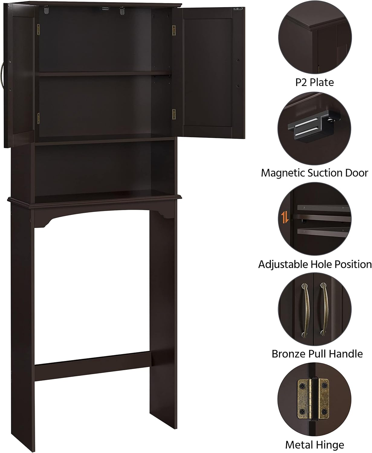 Yaheetech Over The Toilet Storage with 2 Doors & Adjustable Shelf, Free Standing Toilet Rack Wooden Space-saving Collect Cabinet, Bathroom Furniture, 9Dx24.5Wx66H Inches, Espresso